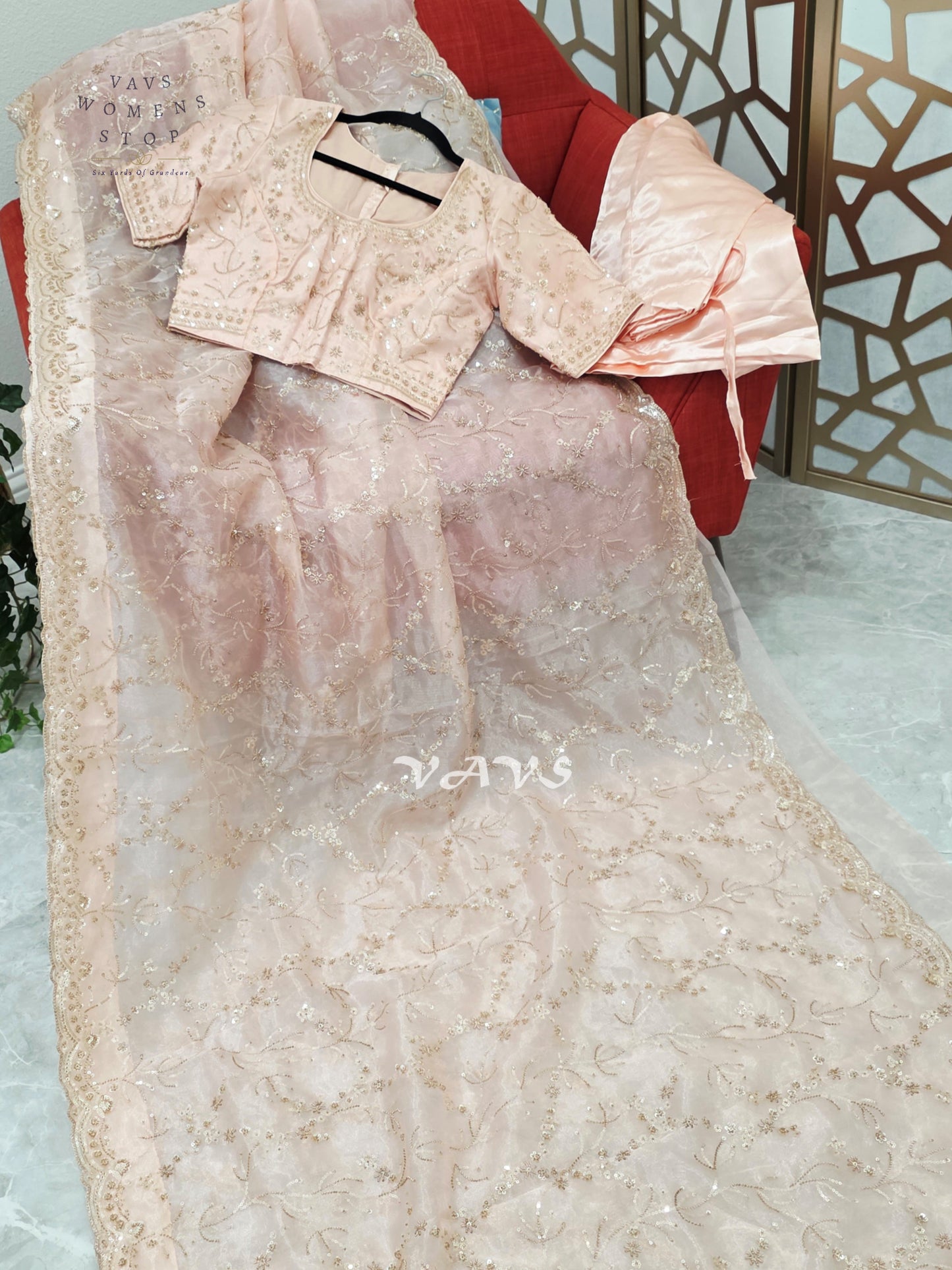 Blush Pink & Champagne Soft Tissue Style Sequin Saree with Stitched Blouse Size 36–42 & Matching Satin Petticoat