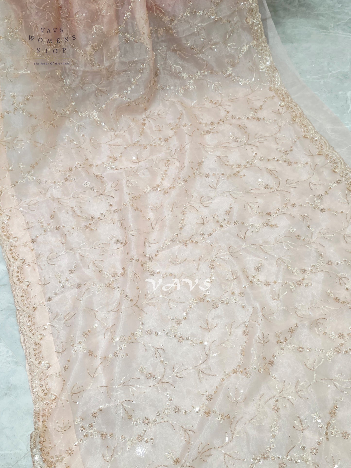 Blush Pink & Champagne Soft Tissue Style Sequin Saree with Stitched Blouse Size 36–42 & Matching Satin Petticoat