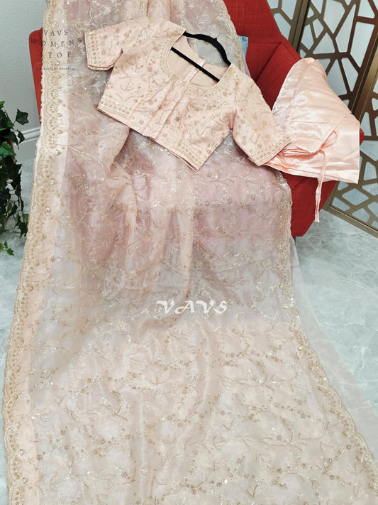 Blush Pink & Champagne Soft Tissue Style Sequin Saree with Stitched Blouse Size 36–42 & Matching Satin Petticoat