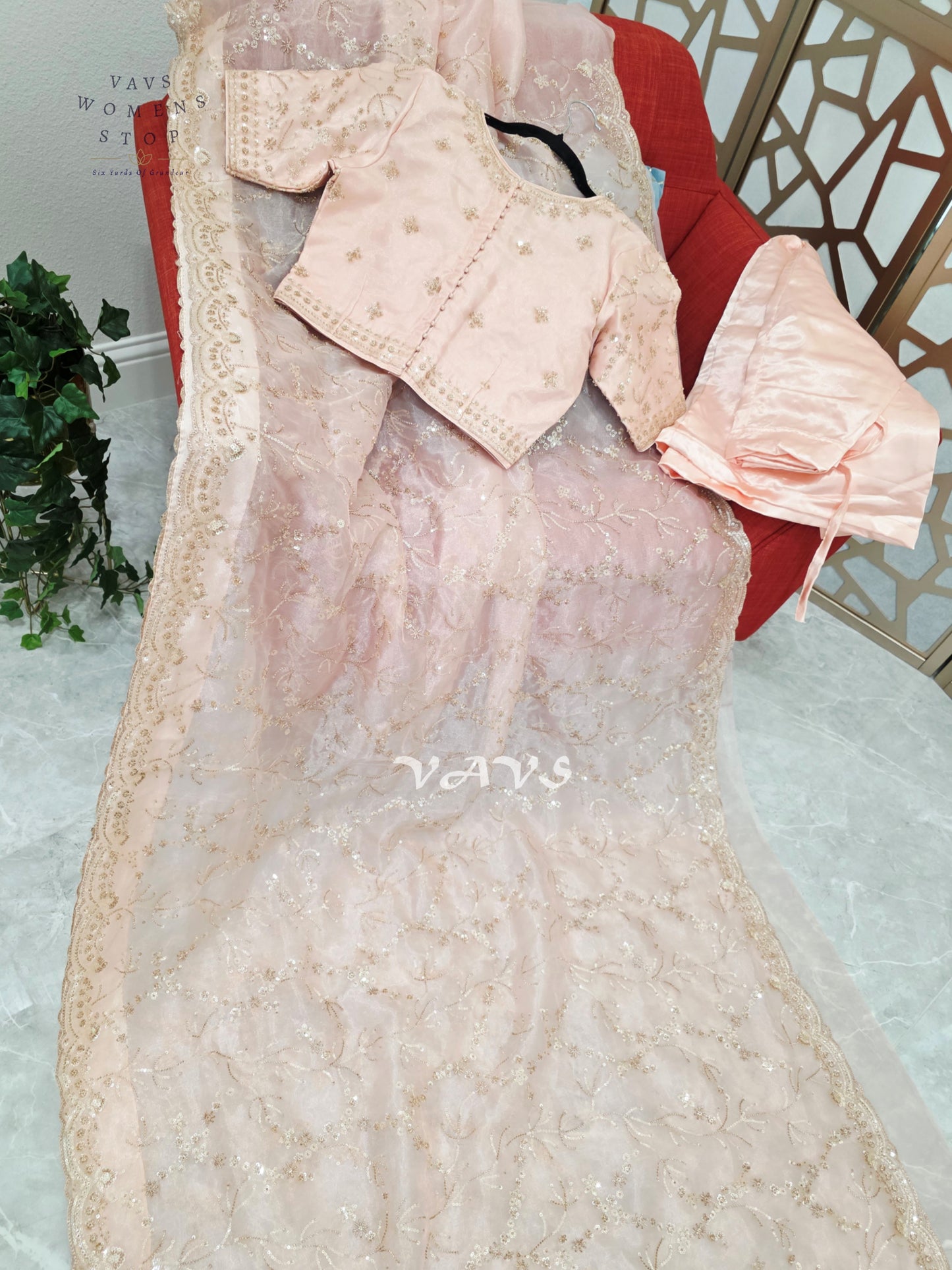 Blush Pink & Champagne Soft Tissue Style Sequin Saree with Stitched Blouse Size 36–42 & Matching Satin Petticoat
