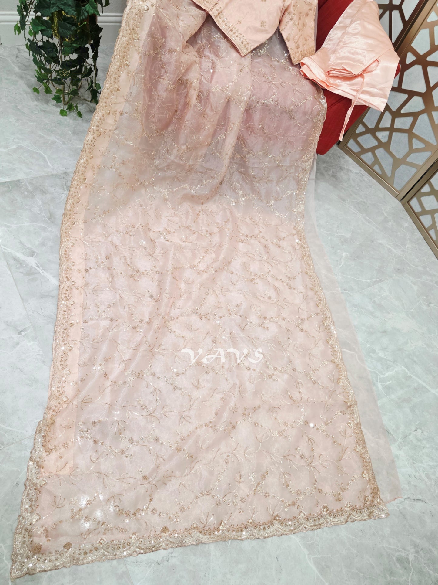 Blush Pink & Champagne Soft Tissue Style Sequin Saree with Stitched Blouse Size 36–42 & Matching Satin Petticoat