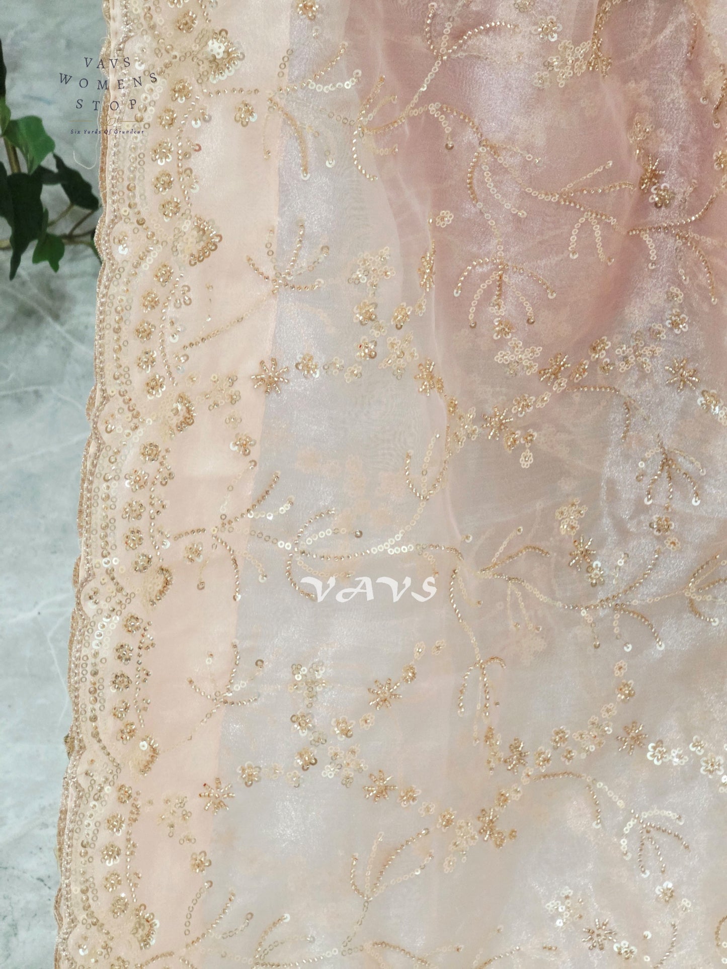 Blush Pink & Champagne Soft Tissue Style Sequin Saree with Stitched Blouse Size 36–42 & Matching Satin Petticoat