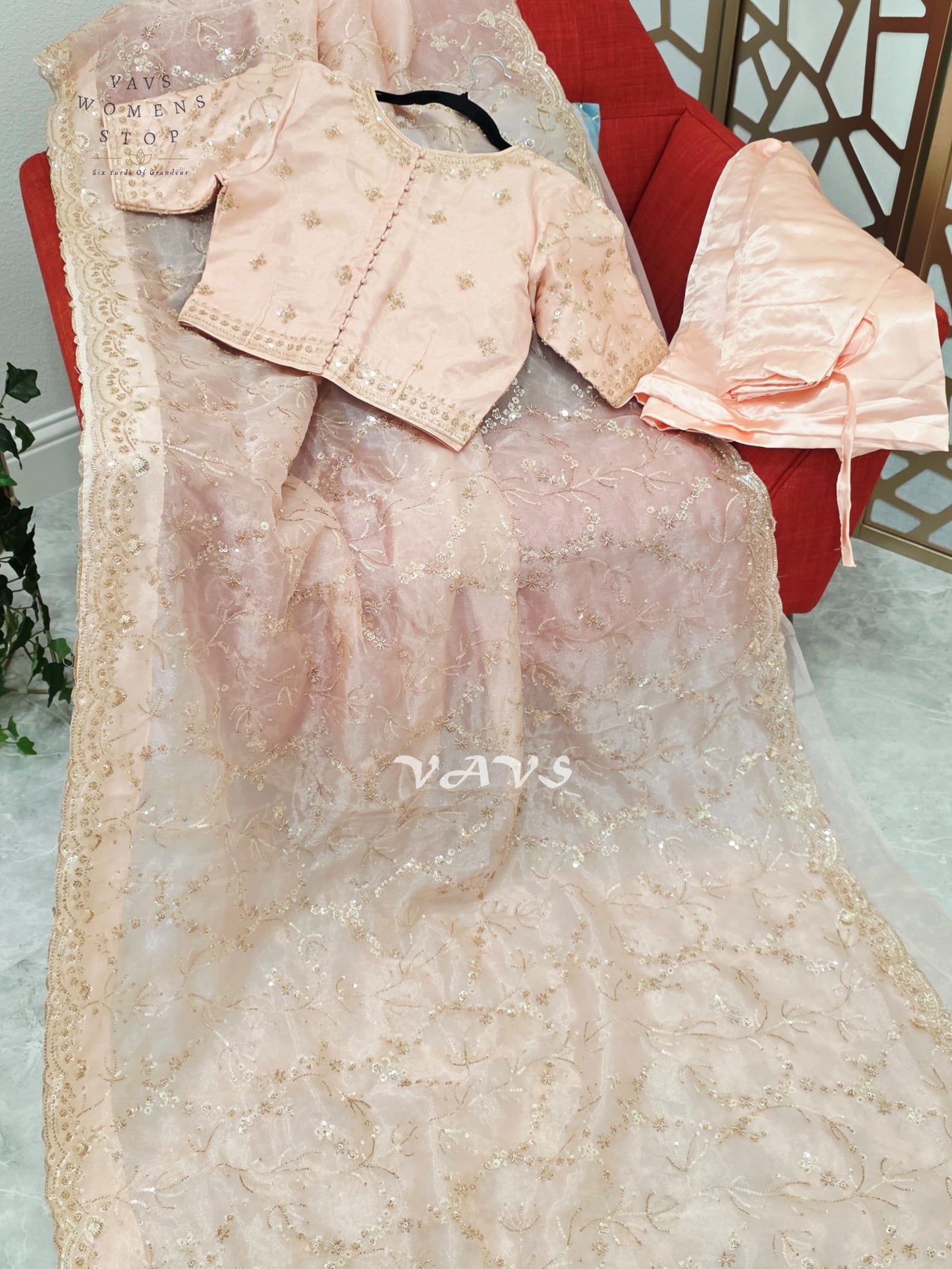 Blush Pink & Champagne Soft Tissue Style Sequin Saree with Stitched Blouse Size 36–42 & Matching Satin Petticoat
