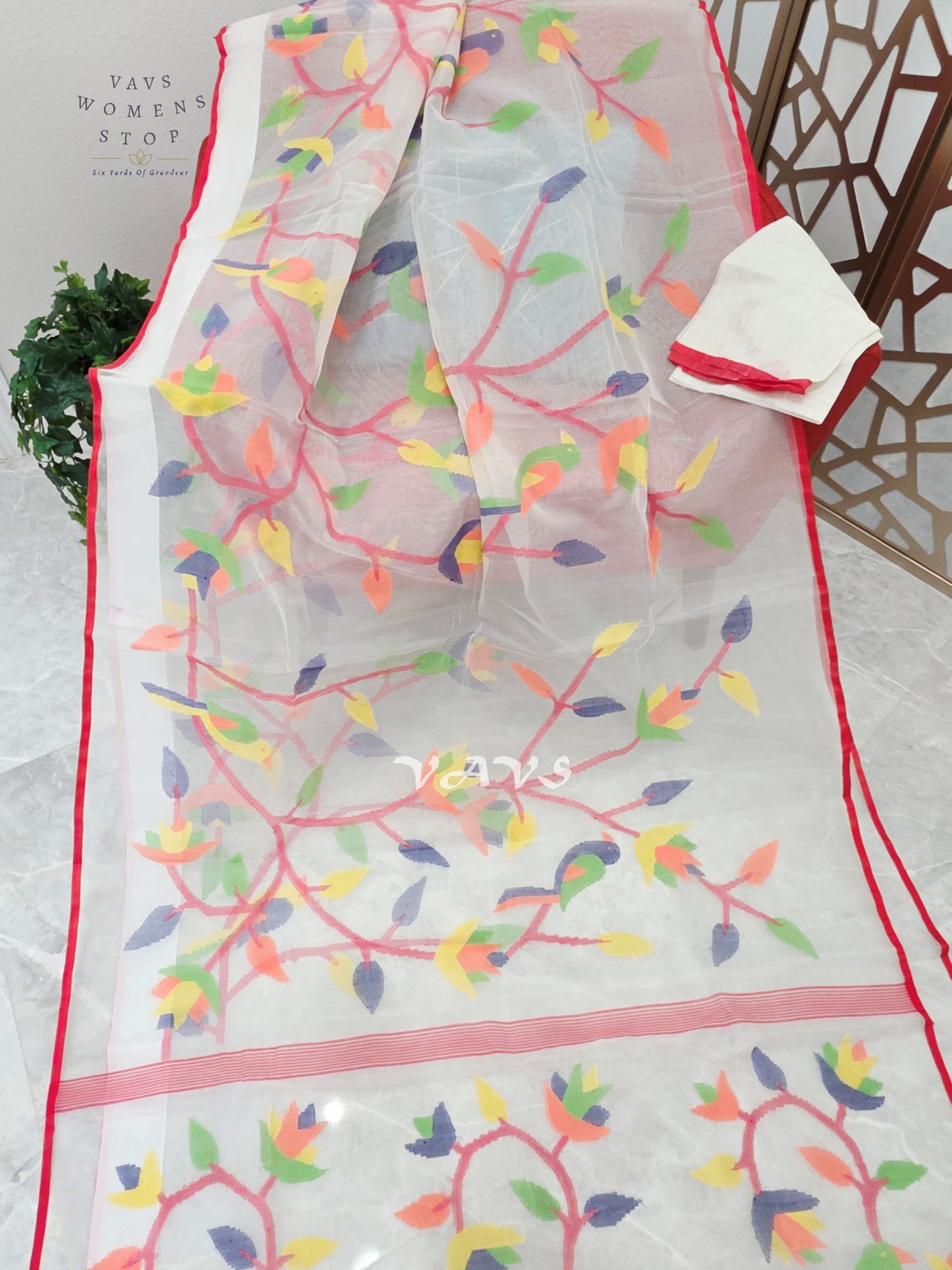 Pearl Ivory Pure Muslin Silk Jamdani Saree with Multicolor Bird & Floral Motifs, Red Border & Unstitched Blouse Piece
