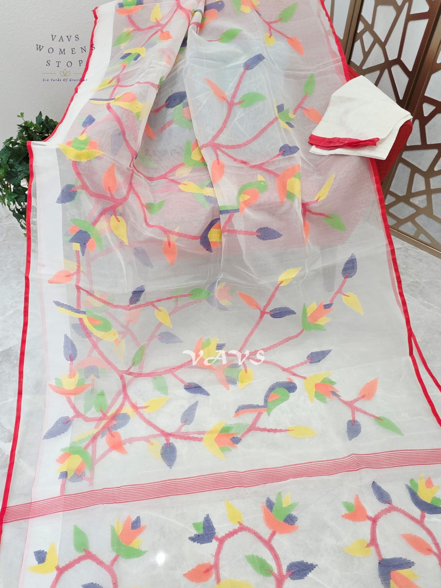 Pearl Ivory Pure Muslin Silk Jamdani Saree with Multicolor Bird & Floral Motifs, Red Border & Unstitched Blouse Piece