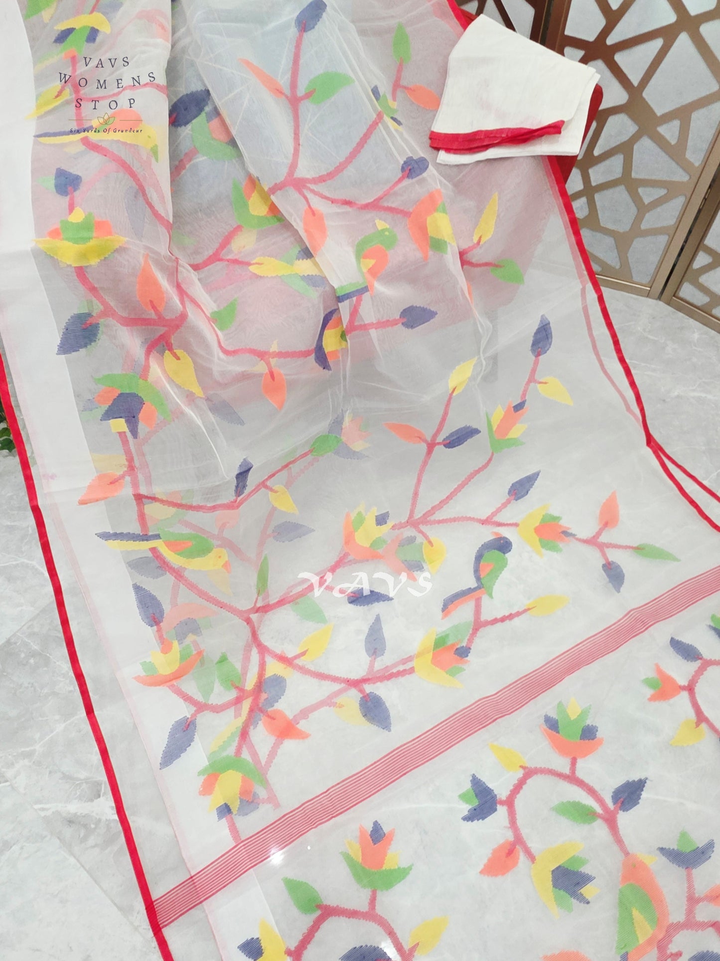 Pearl Ivory Pure Muslin Silk Jamdani Saree with Multicolor Bird & Floral Motifs, Red Border & Unstitched Blouse Piece