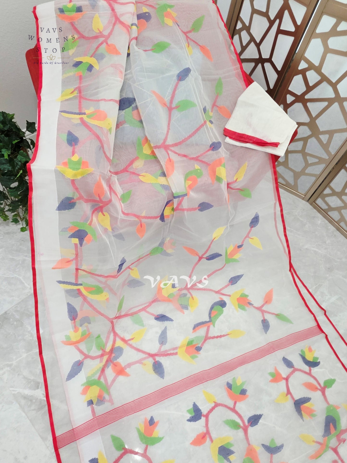 Pearl Ivory Pure Muslin Silk Jamdani Saree with Multicolor Bird & Floral Motifs, Red Border & Unstitched Blouse Piece