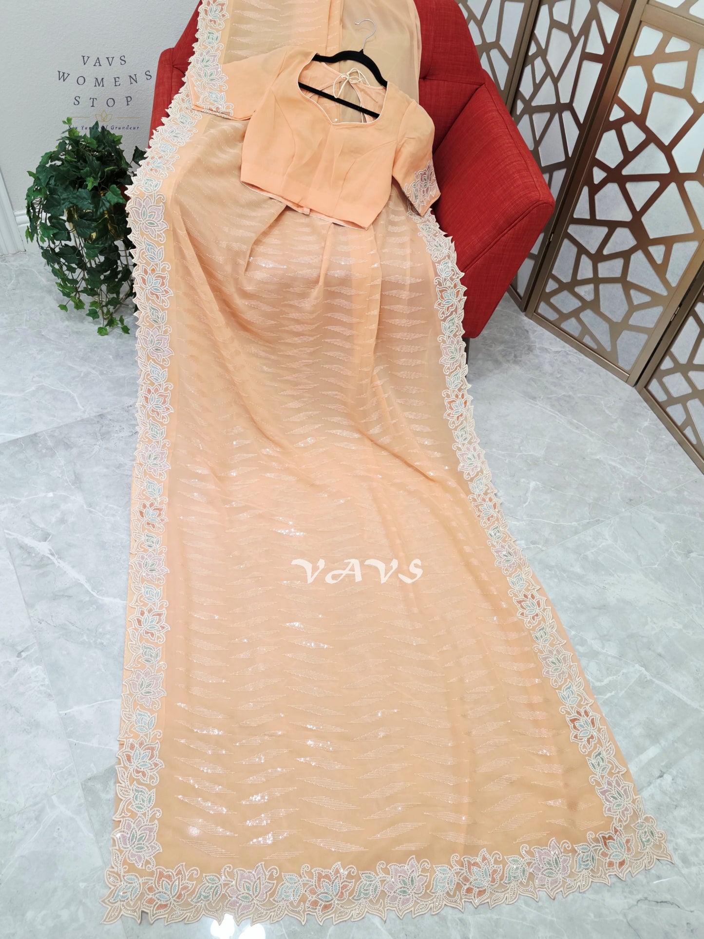 Apricot Peach Viscose Georgette Sequin Saree with Pastel Floral Cutwork Border & Stitched Blouse Size 34–40