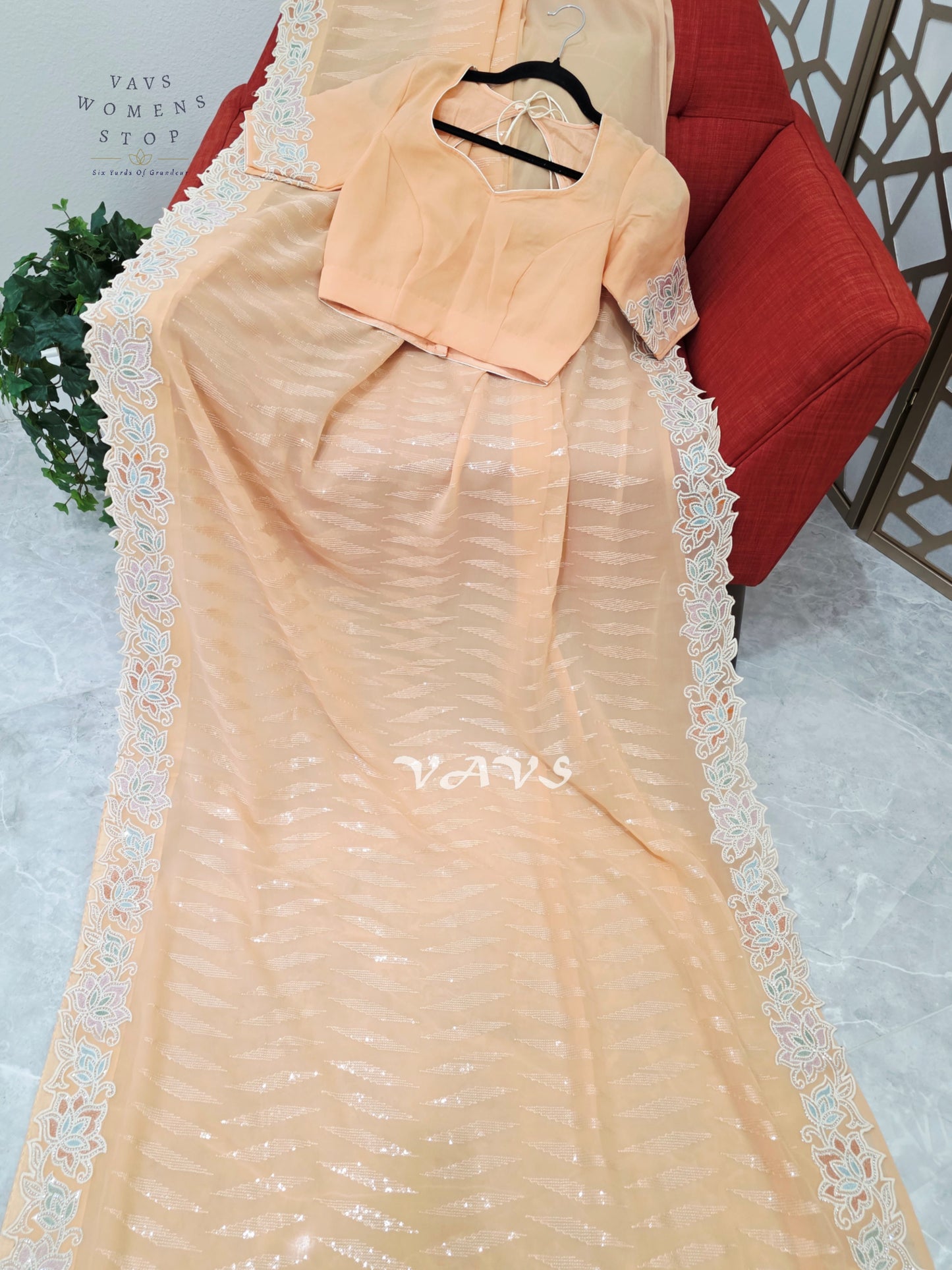 Apricot Peach Viscose Georgette Sequin Saree with Pastel Floral Cutwork Border & Stitched Blouse Size 34–40