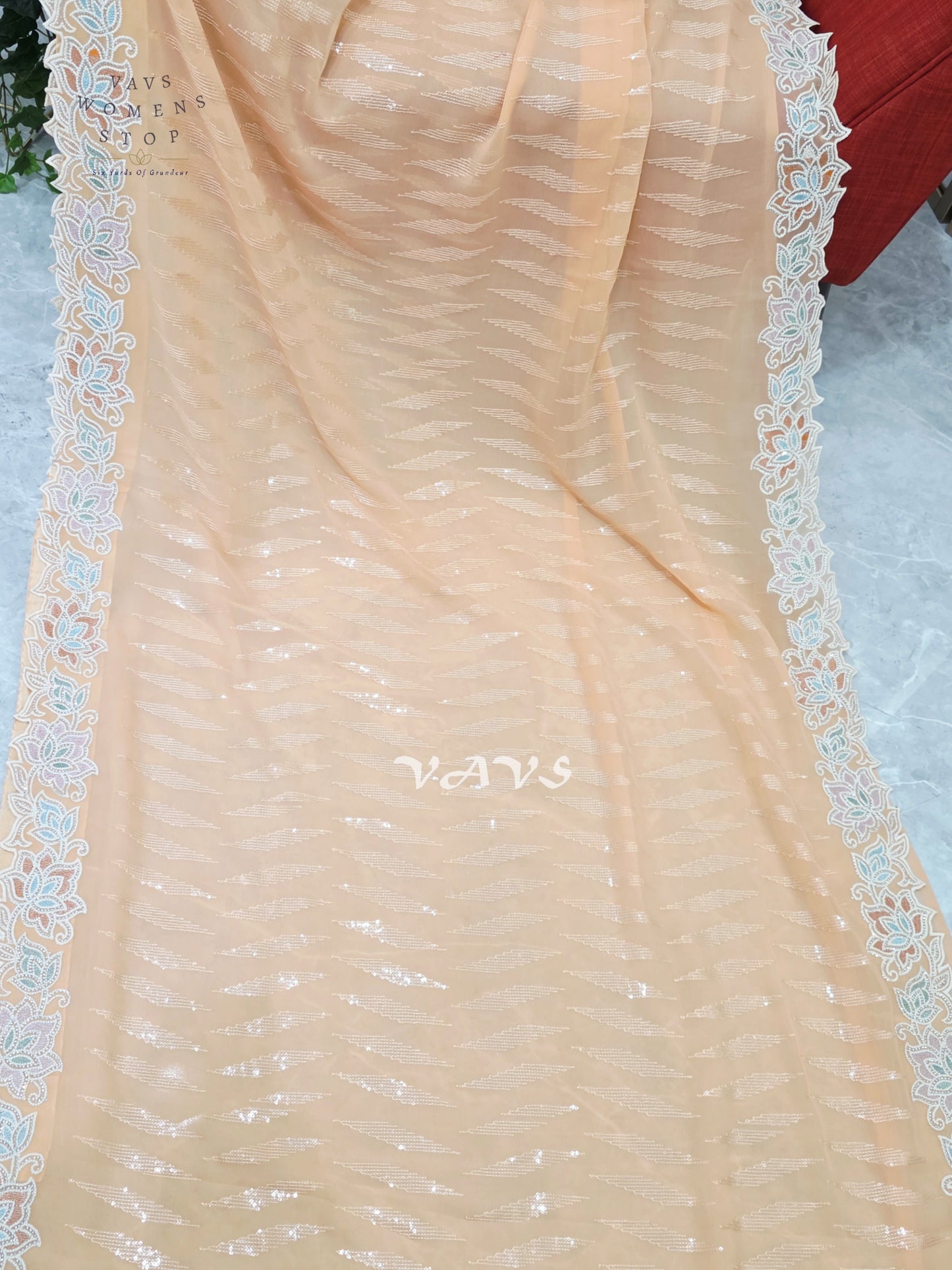 Apricot Peach Viscose Georgette Sequin Saree with Pastel Floral Cutwork Border & Stitched Blouse Size 34–40