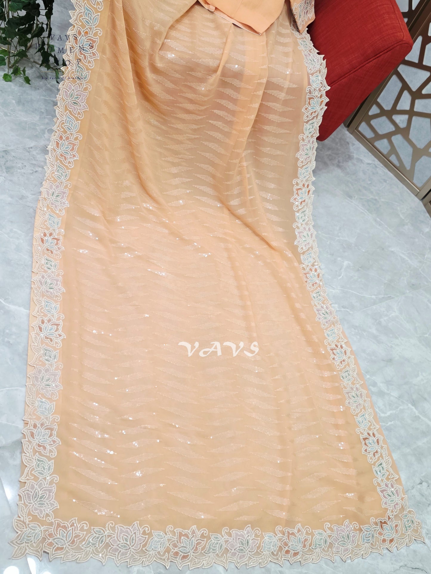 Apricot Peach Viscose Georgette Sequin Saree with Pastel Floral Cutwork Border & Stitched Blouse Size 34–40