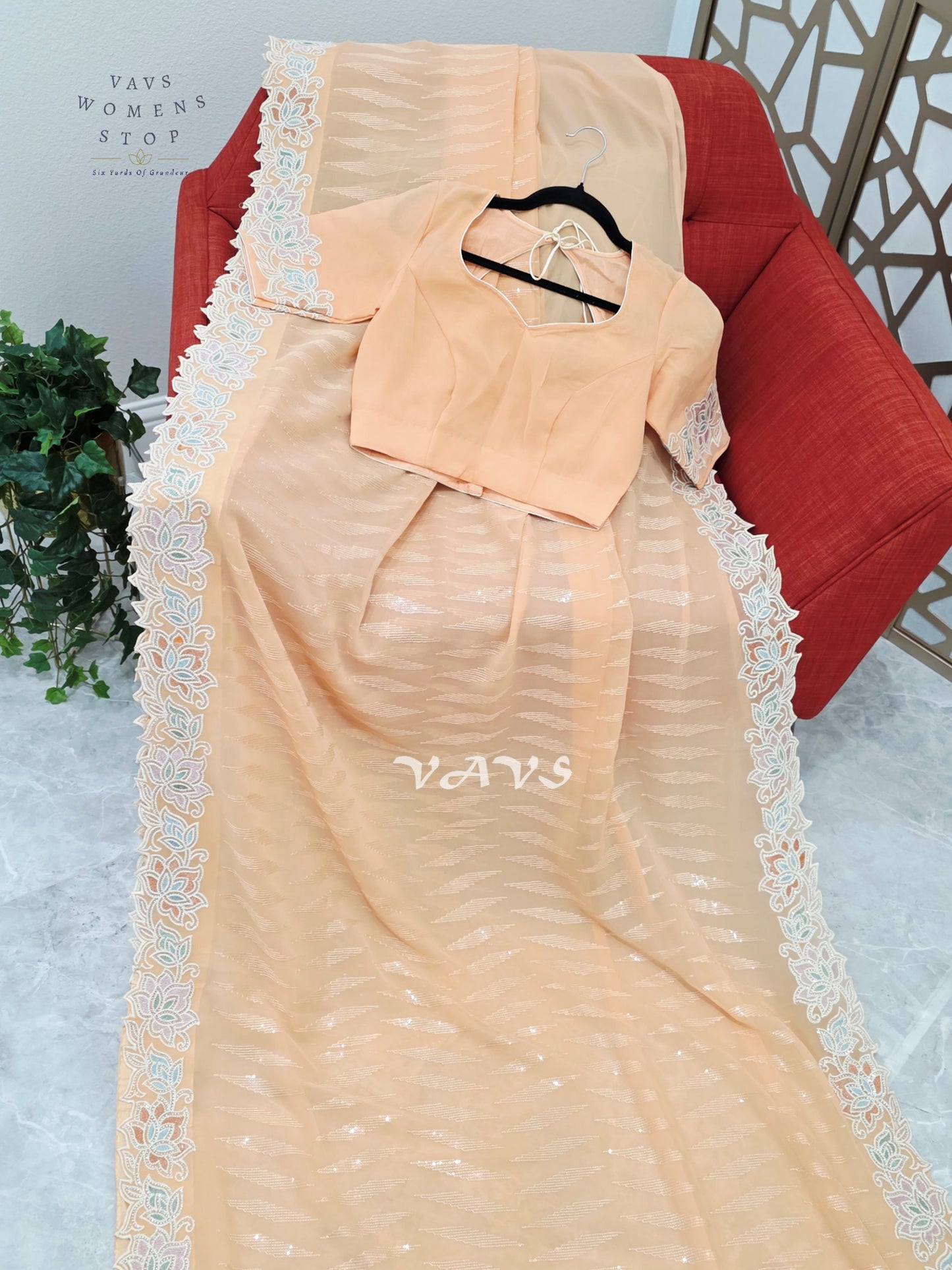 Apricot Peach Viscose Georgette Sequin Saree with Pastel Floral Cutwork Border & Stitched Blouse Size 34–40