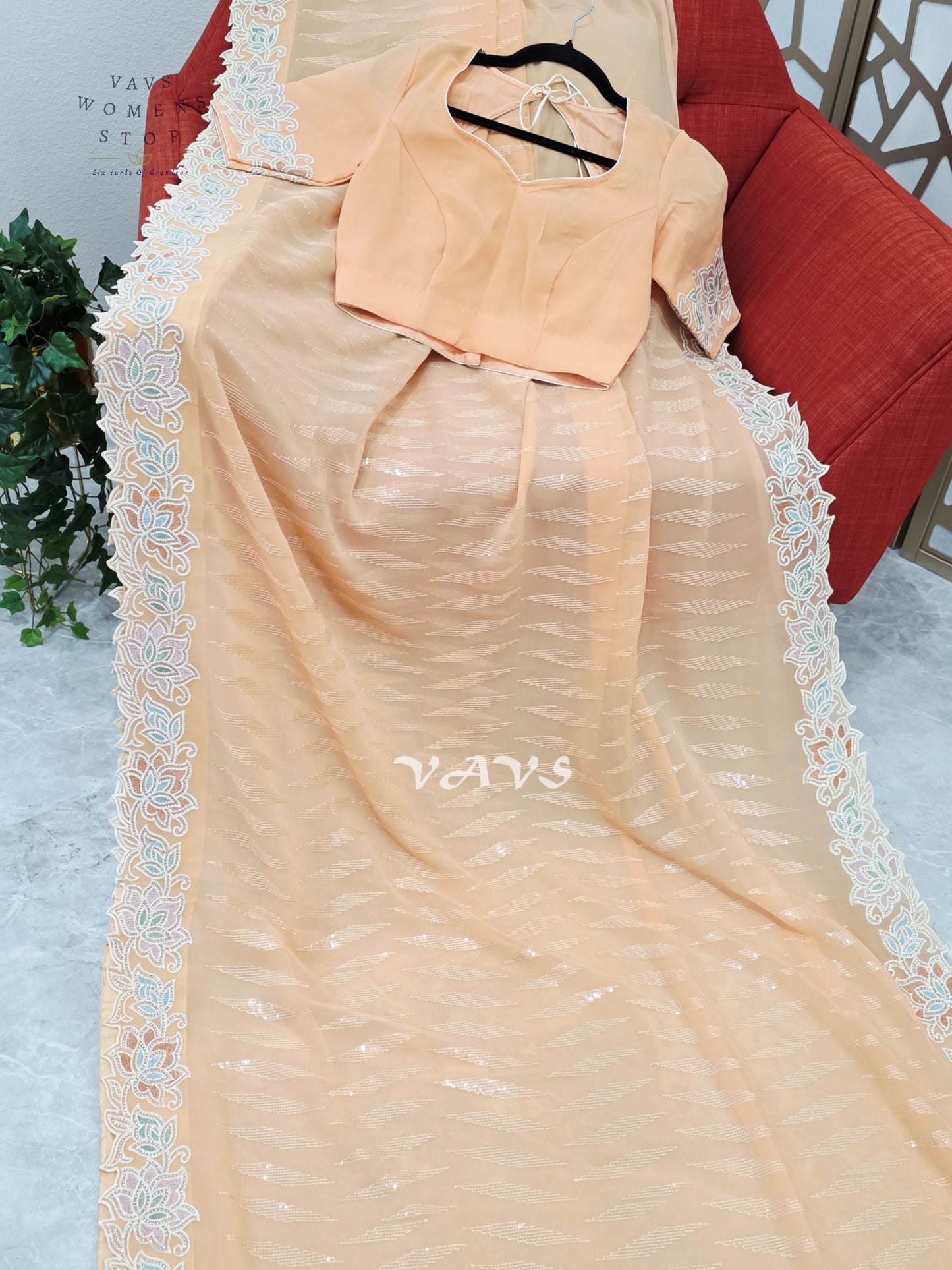 Apricot Peach Viscose Georgette Sequin Saree with Pastel Floral Cutwork Border & Stitched Blouse Size 34–40