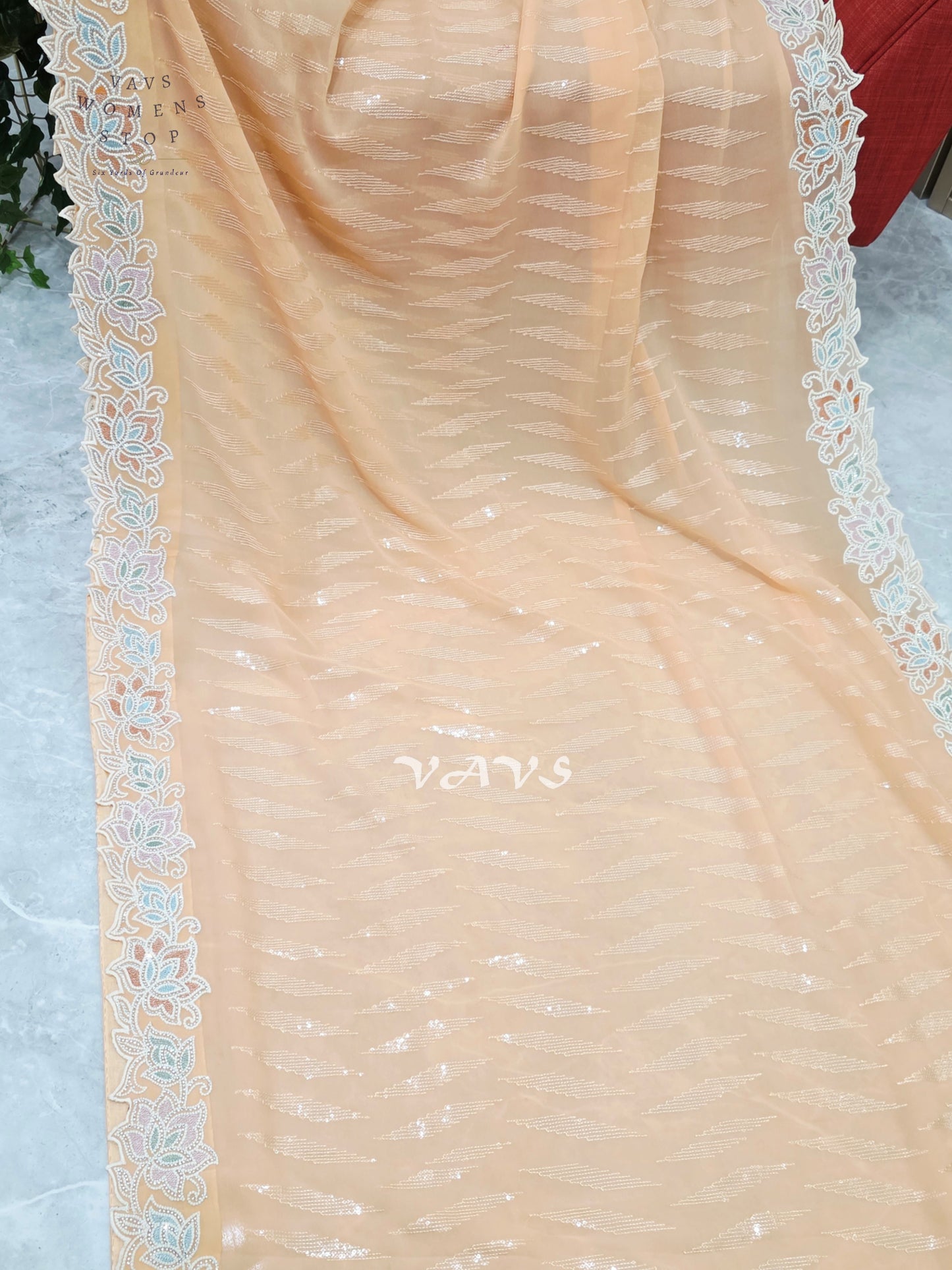 Apricot Peach Viscose Georgette Sequin Saree with Pastel Floral Cutwork Border & Stitched Blouse Size 34–40