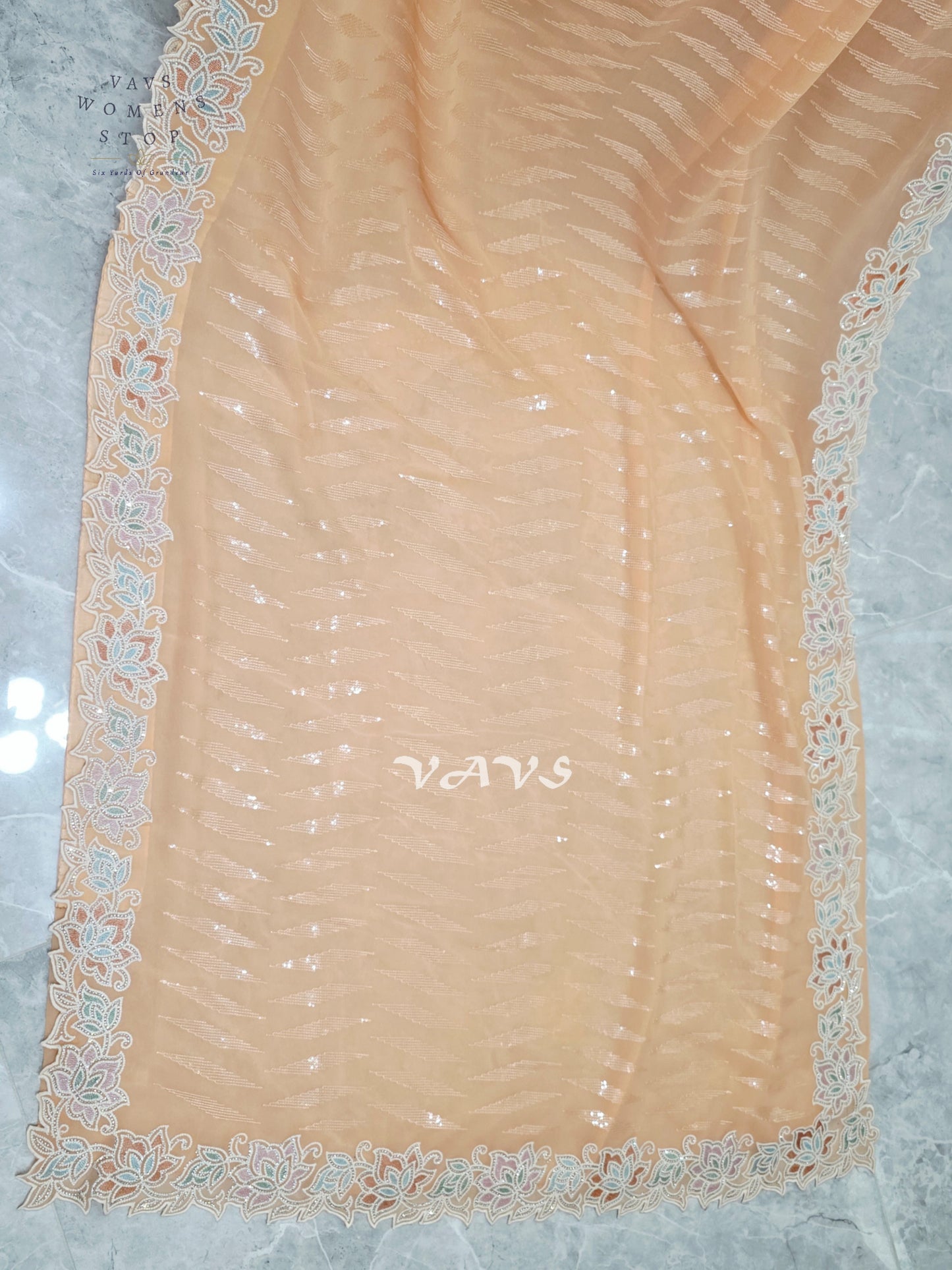 Apricot Peach Viscose Georgette Sequin Saree with Pastel Floral Cutwork Border & Stitched Blouse Size 34–40