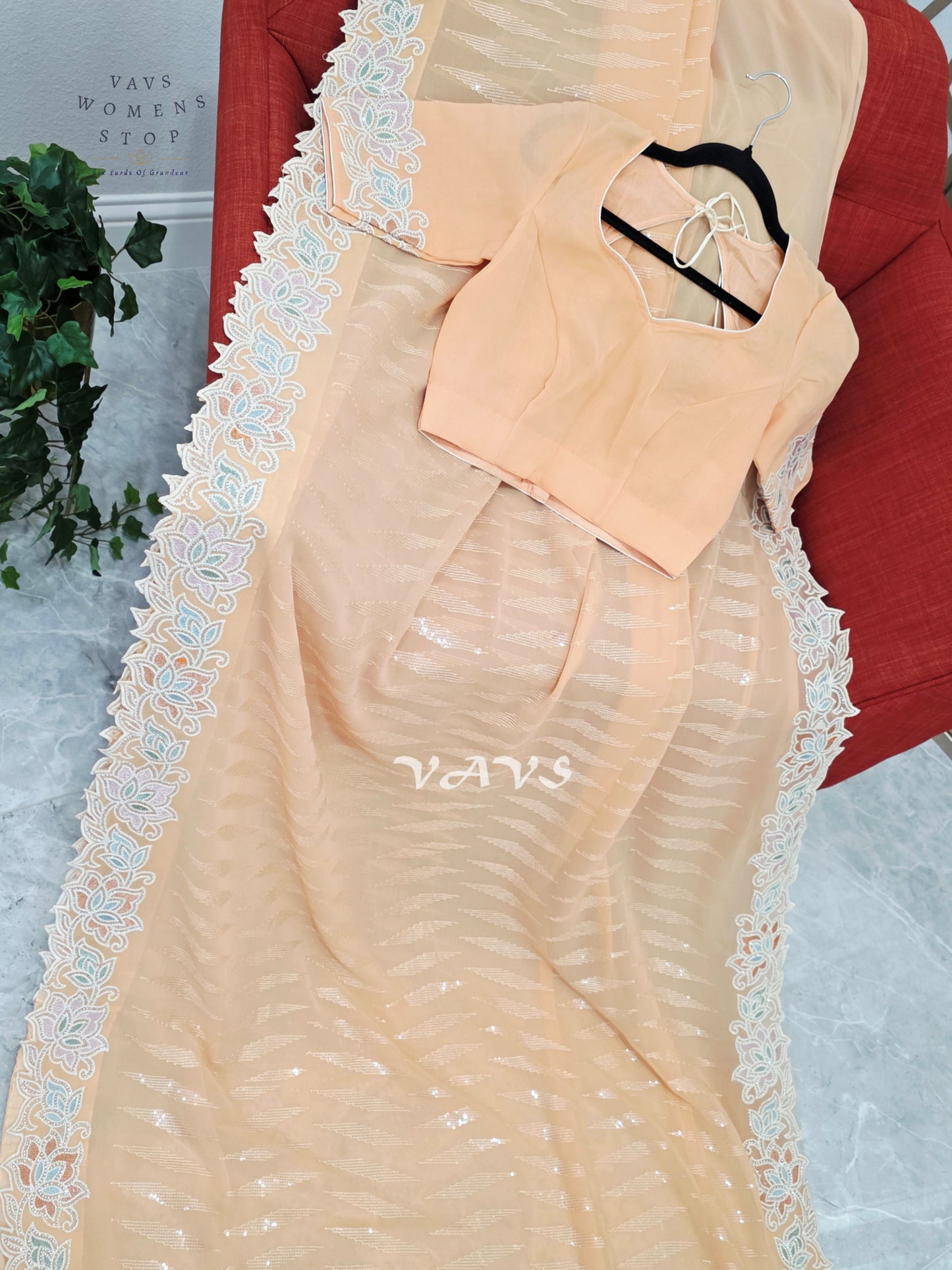 Apricot Peach Viscose Georgette Sequin Saree with Pastel Floral Cutwork Border & Stitched Blouse Size 34–40