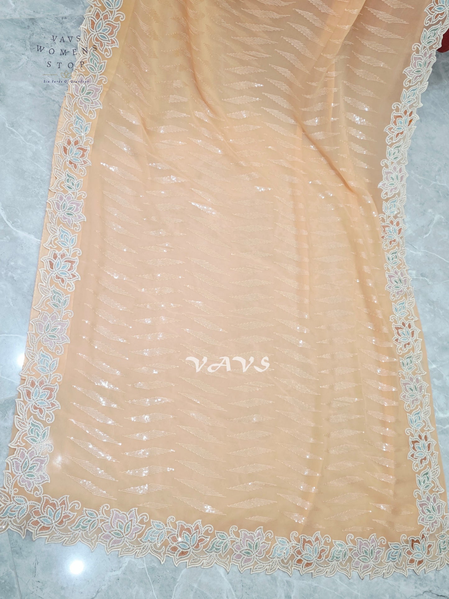Apricot Peach Viscose Georgette Sequin Saree with Pastel Floral Cutwork Border & Stitched Blouse Size 34–40