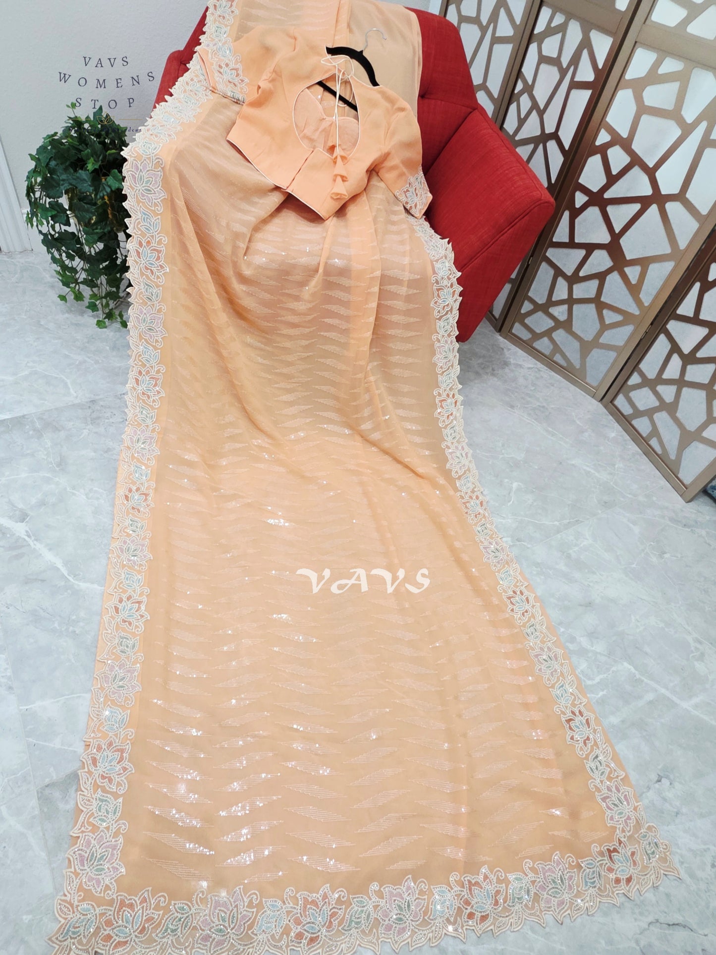 Apricot Peach Viscose Georgette Sequin Saree with Pastel Floral Cutwork Border & Stitched Blouse Size 34–40
