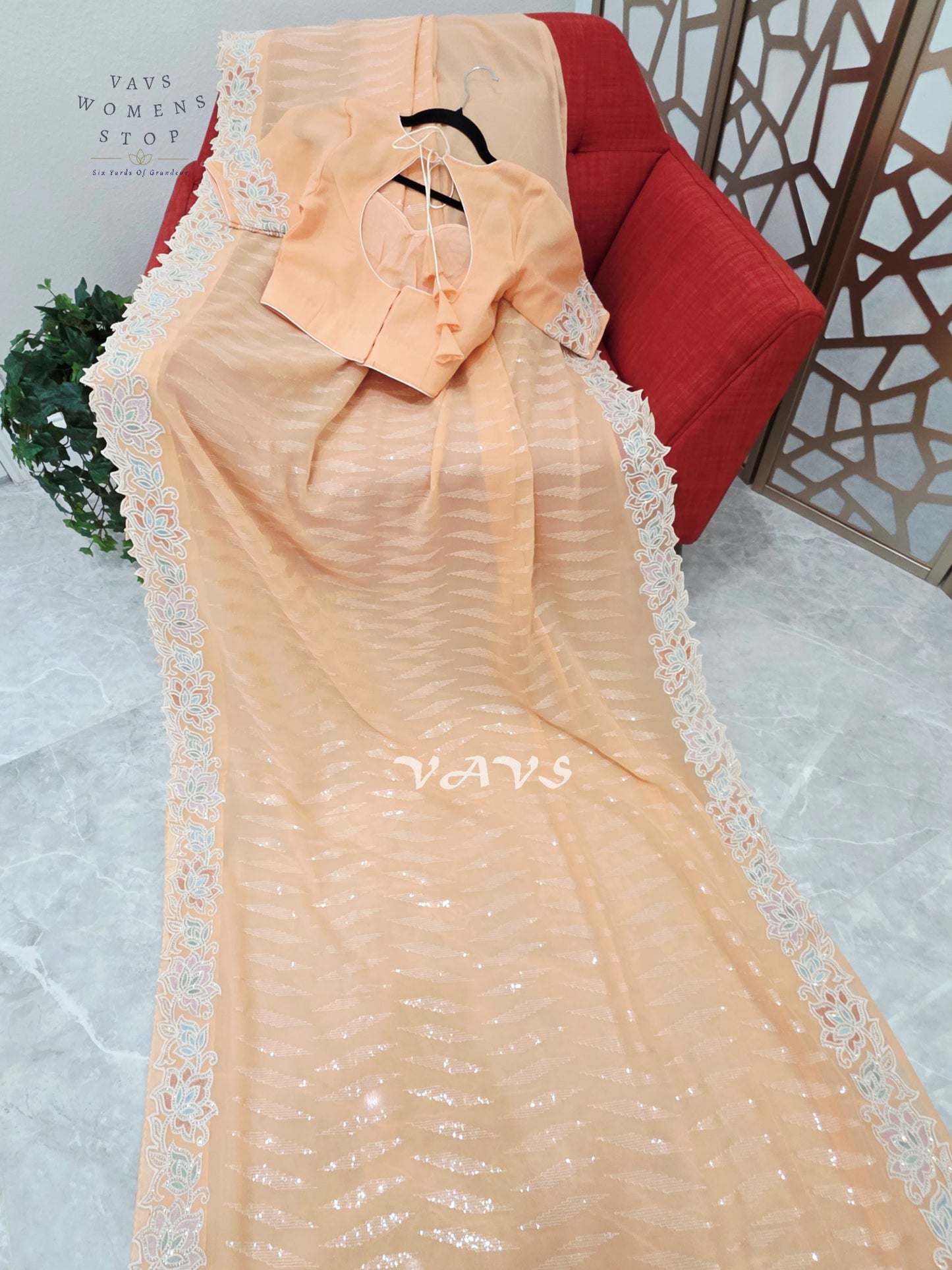 Apricot Peach Viscose Georgette Sequin Saree with Pastel Floral Cutwork Border & Stitched Blouse Size 34–40