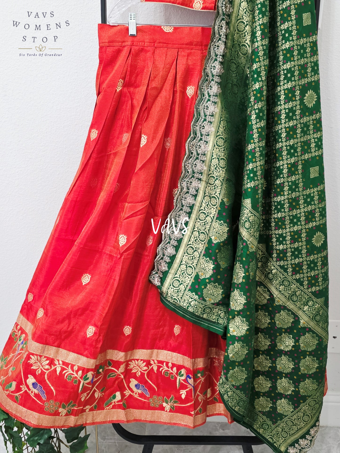 Burnished Rust Munga Tissue Crepe Silk Paithani Half Saree Lehenga with Emerald Bandhani Silk Dupatta | Blouse 34-40