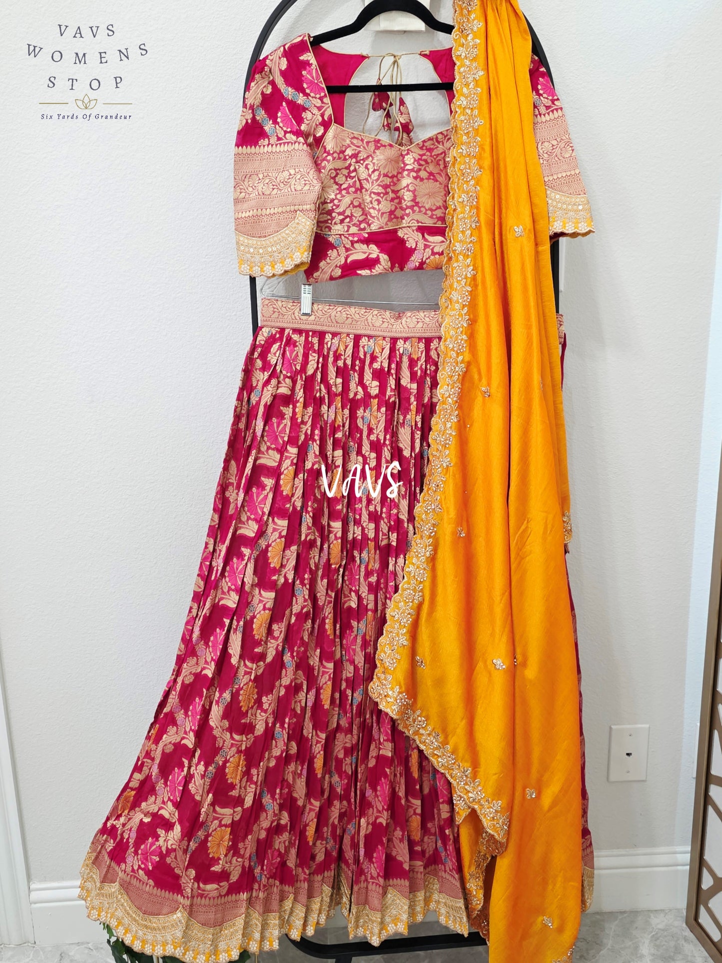 Royal Rani Pink & Marigold Gold Soft Viscose Meenakari Georgette Designer Lehenga Half Saree with Chiffon Silk Dupatta | Blouse 34-40