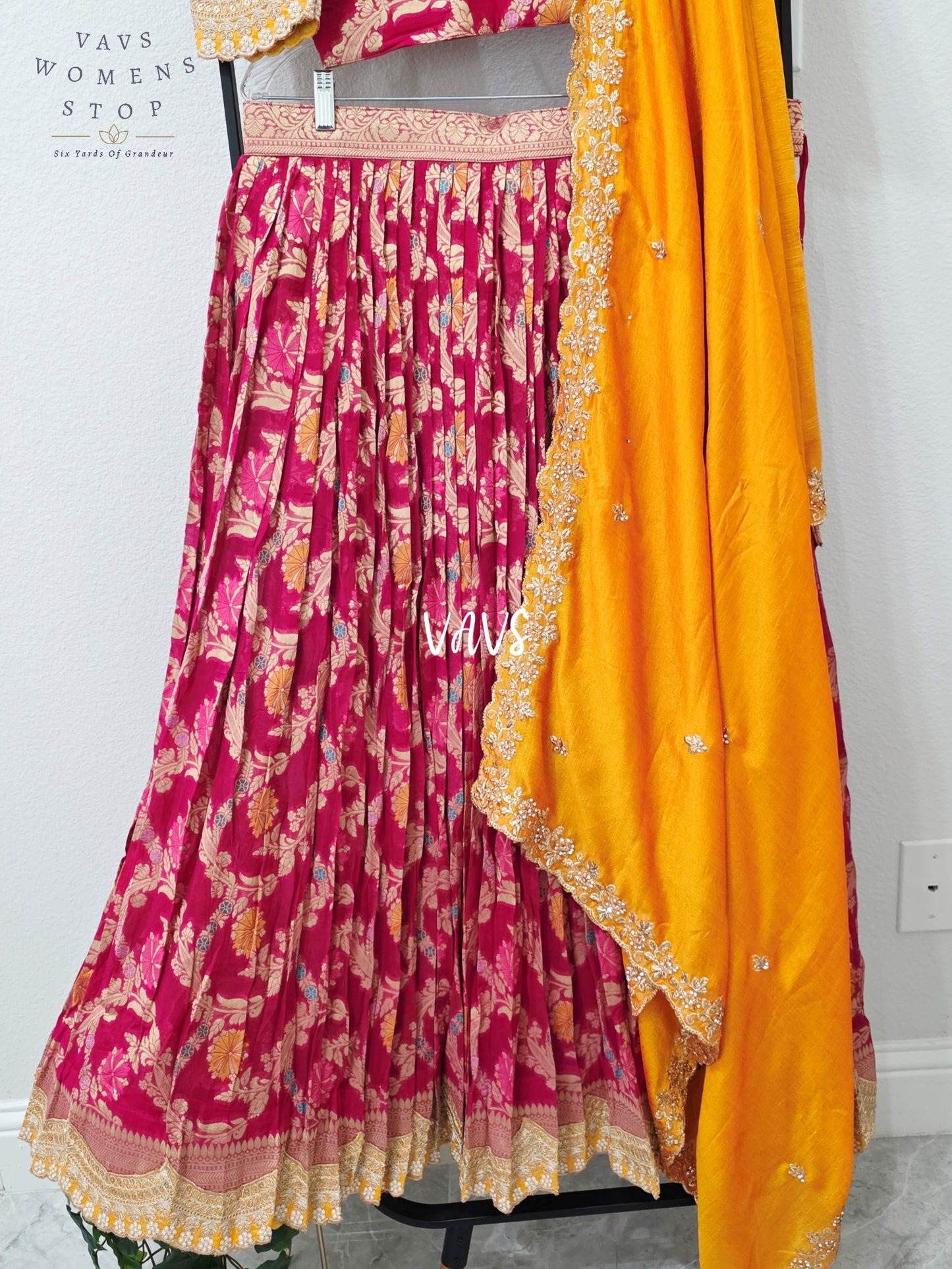 Royal Rani Pink & Marigold Gold Soft Viscose Meenakari Georgette Designer Lehenga Half Saree with Chiffon Silk Dupatta | Blouse 34-40