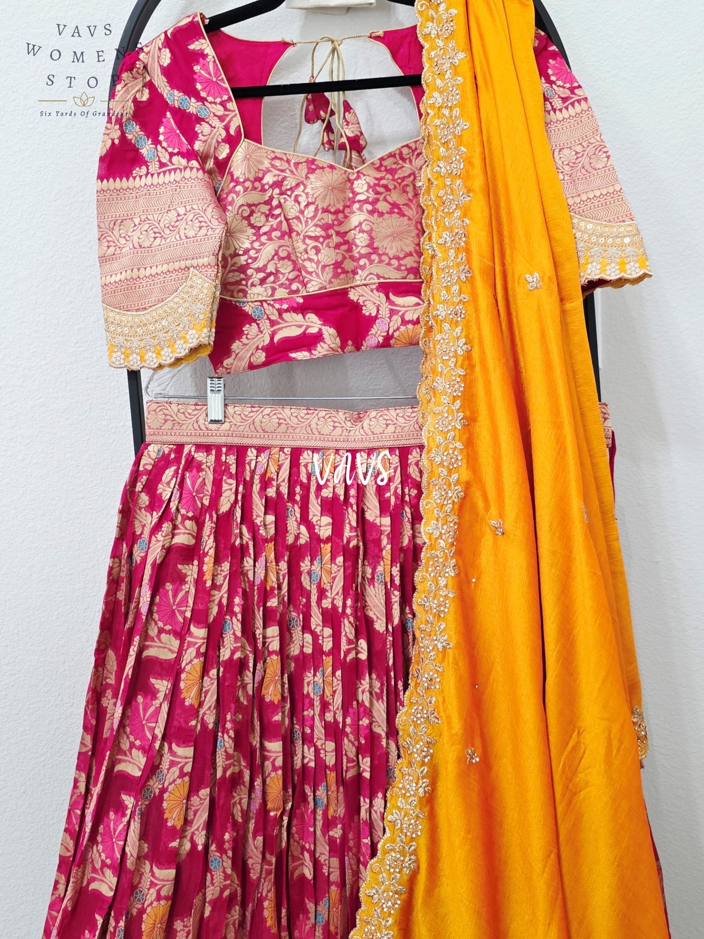 Royal Rani Pink & Marigold Gold Soft Viscose Meenakari Georgette Designer Lehenga Half Saree with Chiffon Silk Dupatta | Blouse 34-40