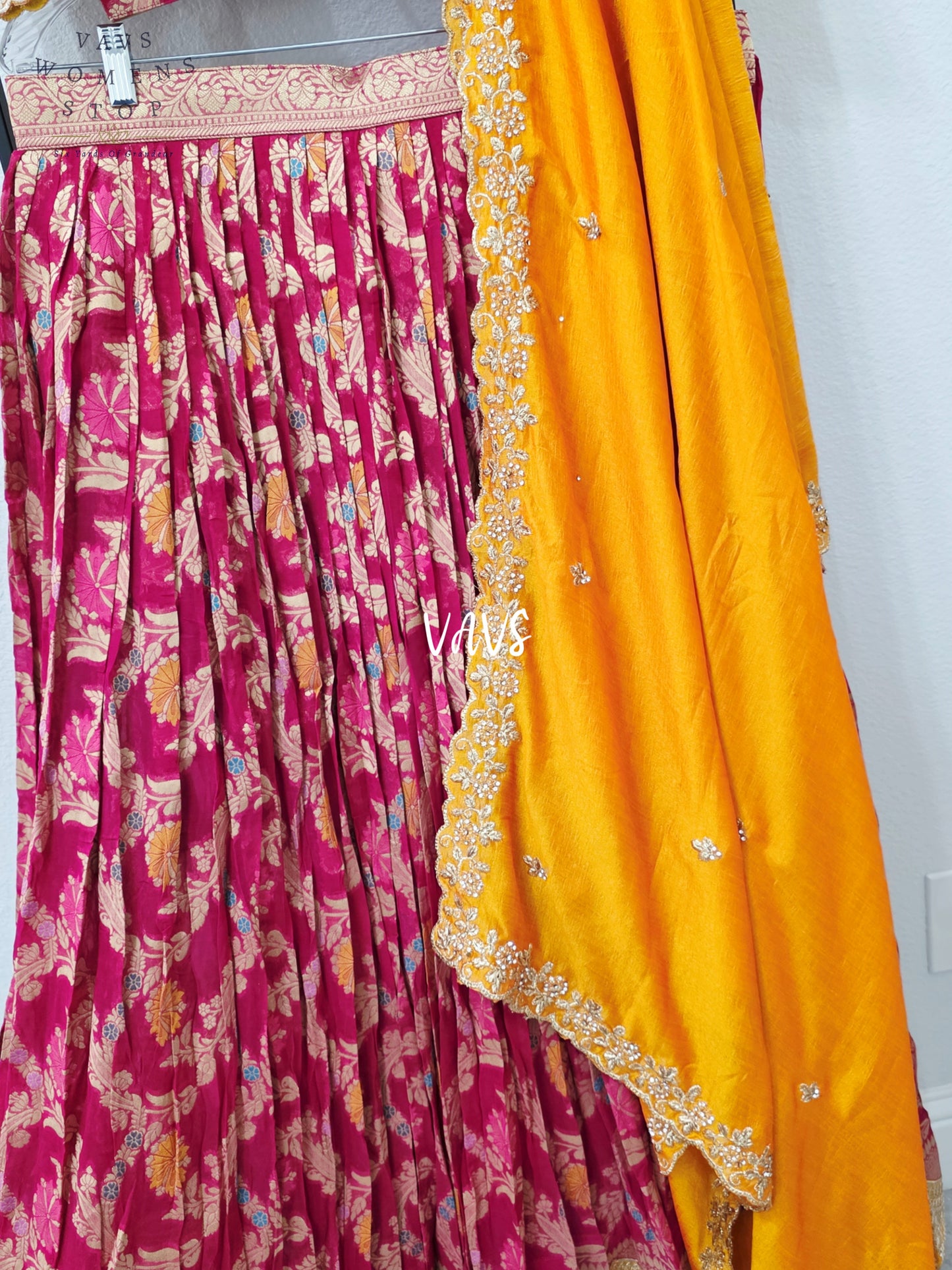 Royal Rani Pink & Marigold Gold Soft Viscose Meenakari Georgette Designer Lehenga Half Saree with Chiffon Silk Dupatta | Blouse 34-40