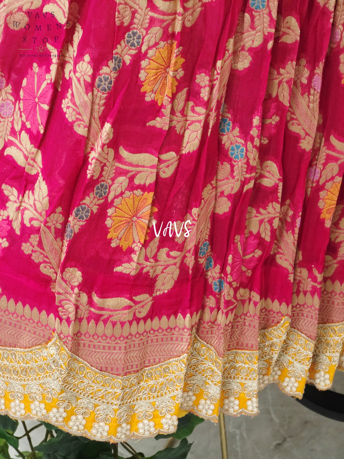 Royal Rani Pink & Marigold Gold Soft Viscose Meenakari Georgette Designer Lehenga Half Saree with Chiffon Silk Dupatta | Blouse 34-40