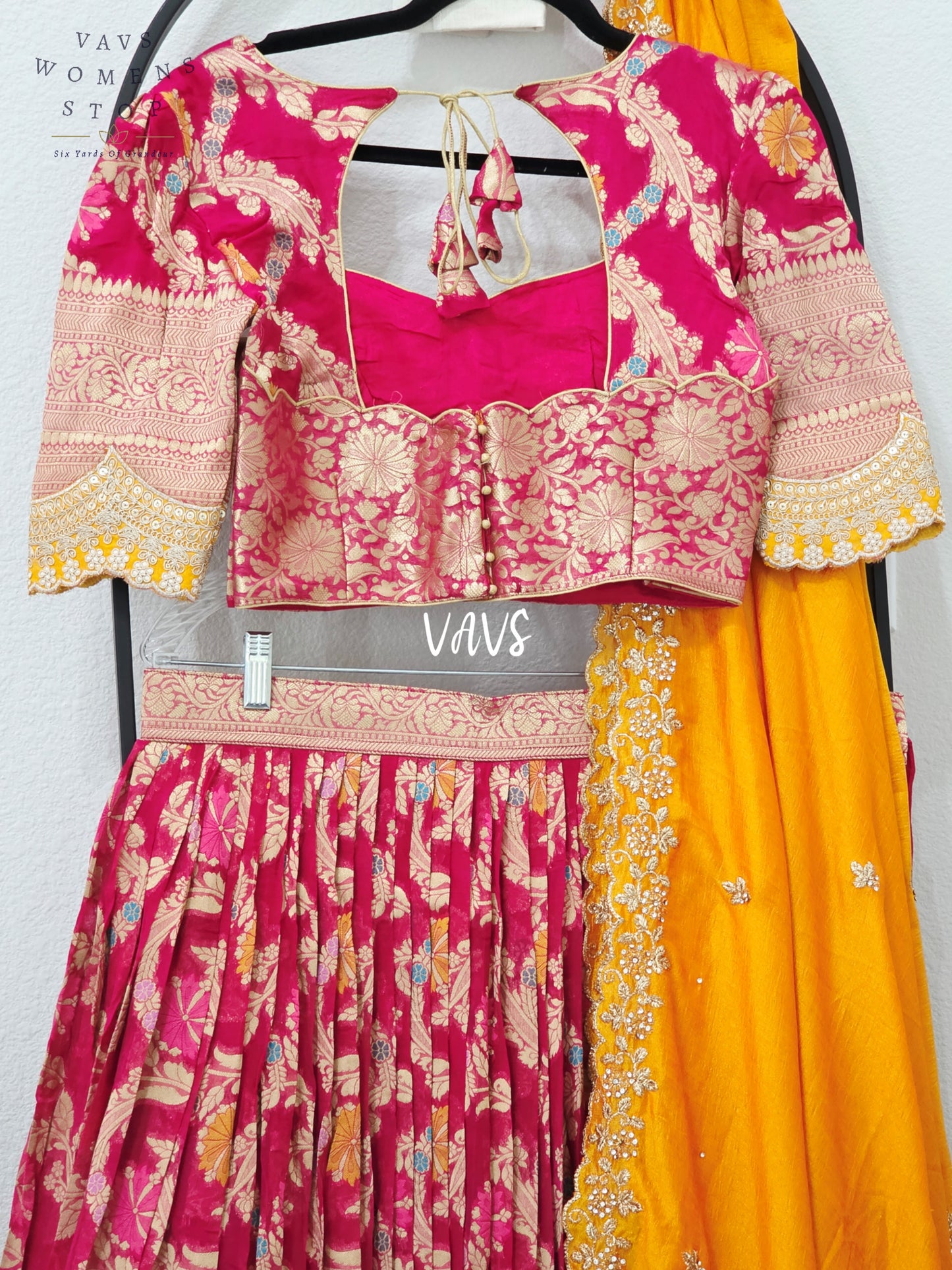 Royal Rani Pink & Marigold Gold Soft Viscose Meenakari Georgette Designer Lehenga Half Saree with Chiffon Silk Dupatta | Blouse 34-40