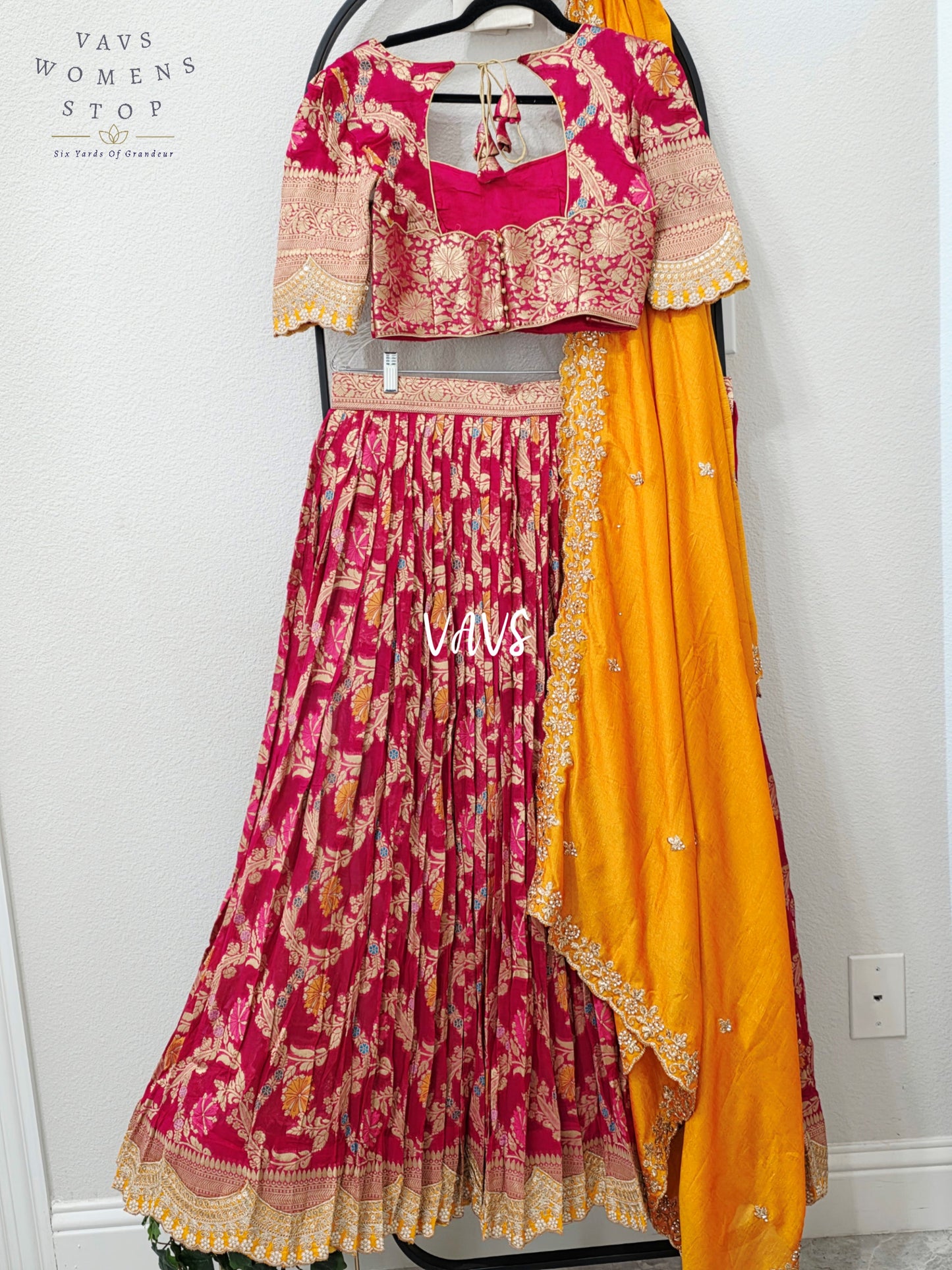 Royal Rani Pink & Marigold Gold Soft Viscose Meenakari Georgette Designer Lehenga Half Saree with Chiffon Silk Dupatta | Blouse 34-40
