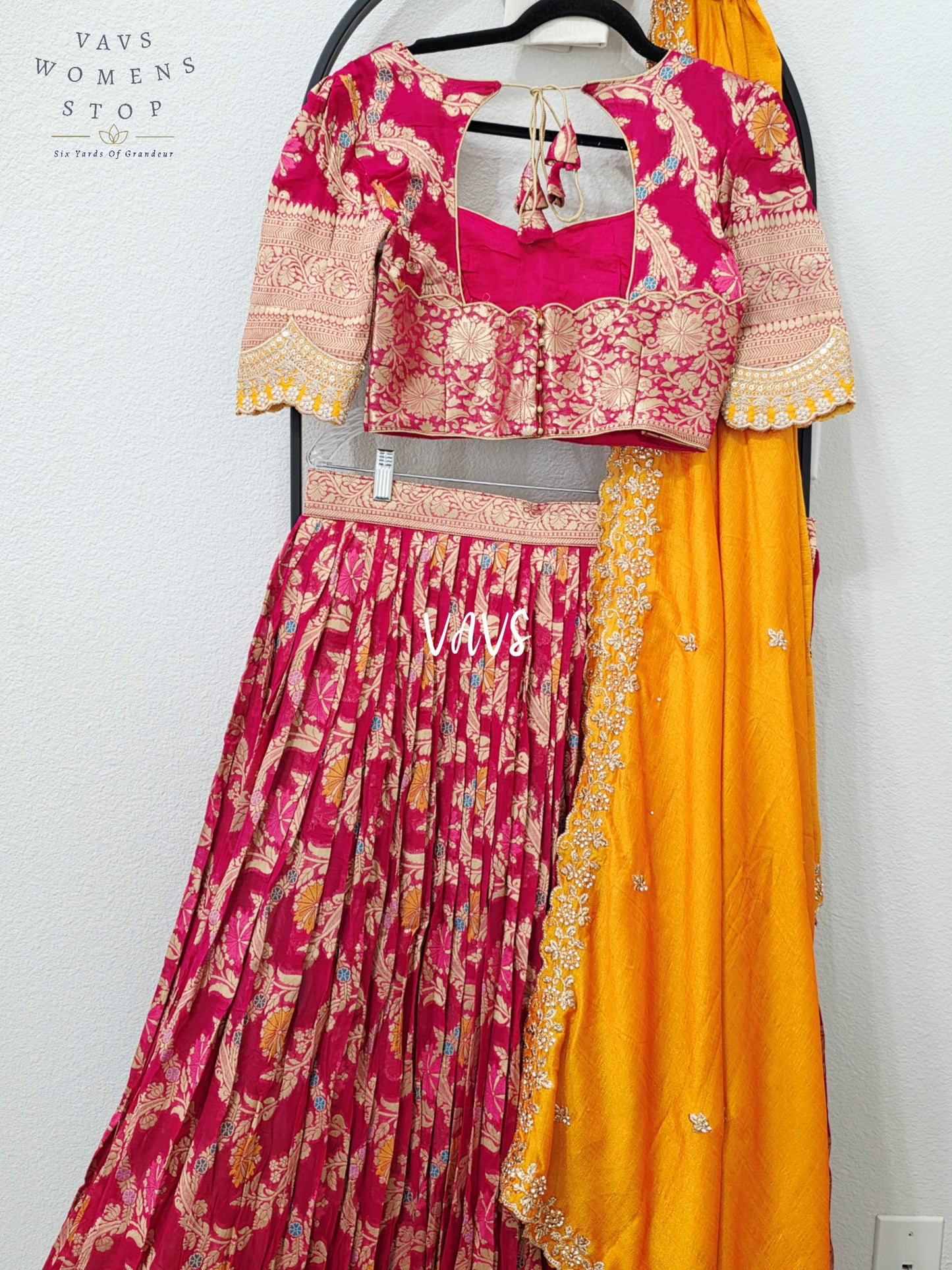 Royal Rani Pink & Marigold Gold Soft Viscose Meenakari Georgette Designer Lehenga Half Saree with Chiffon Silk Dupatta | Blouse 34-40
