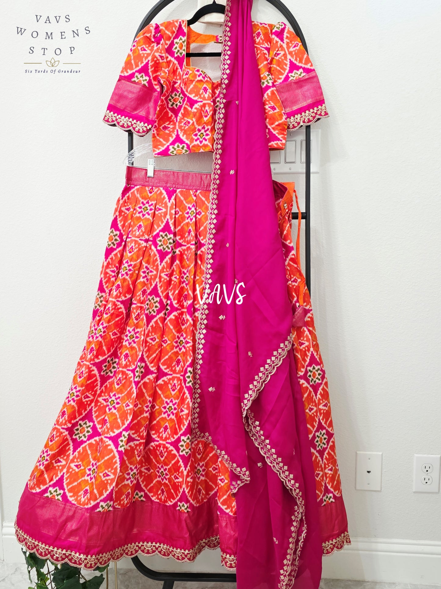 Vibrant Sunset Orange & Rani Pink Munga Benarasi Patola Half Saree Set with Chiffon Dupatta | Blouse 36-42
