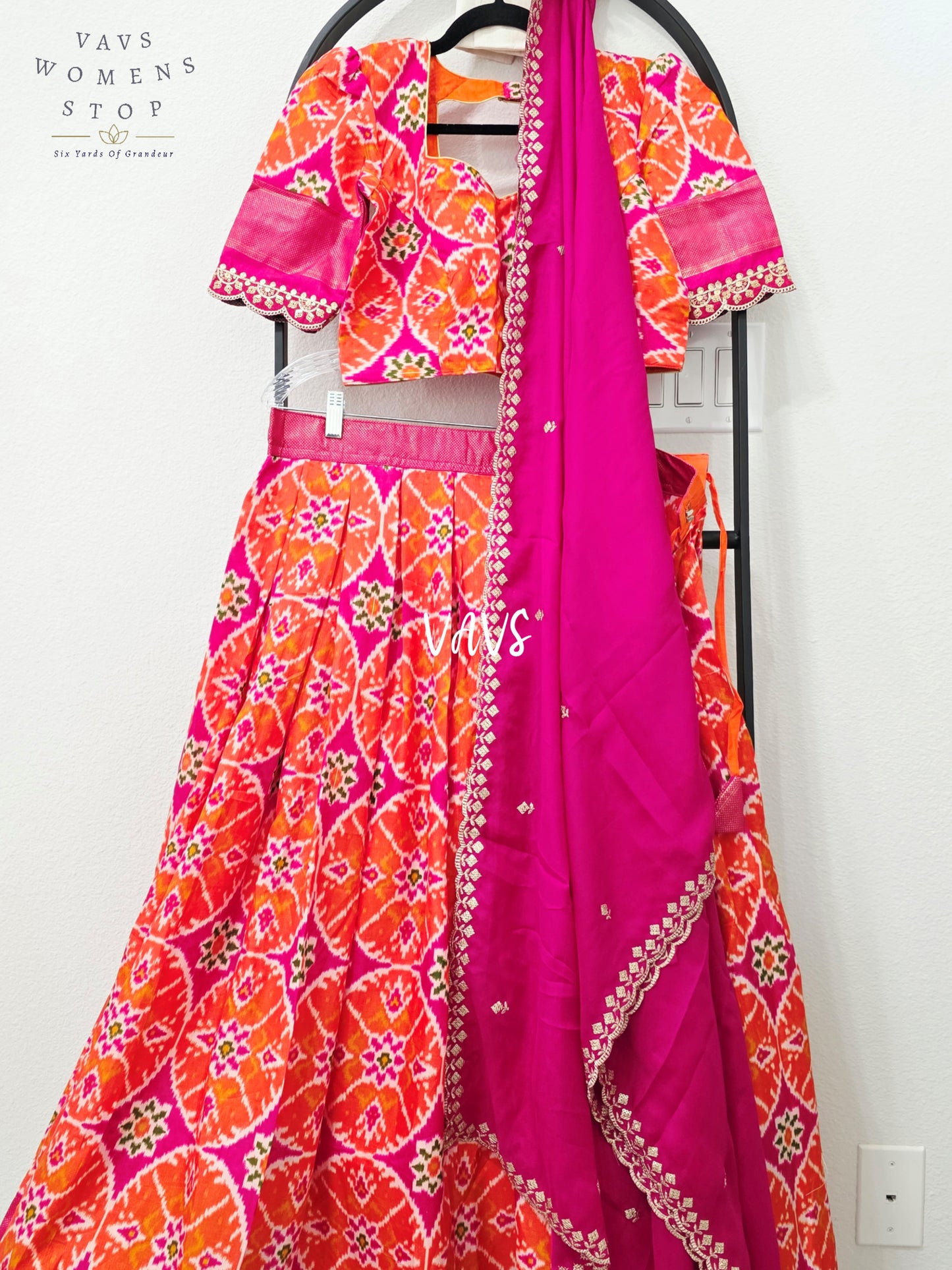 Vibrant Sunset Orange & Rani Pink Munga Benarasi Patola Half Saree Set with Chiffon Dupatta | Blouse 36-42