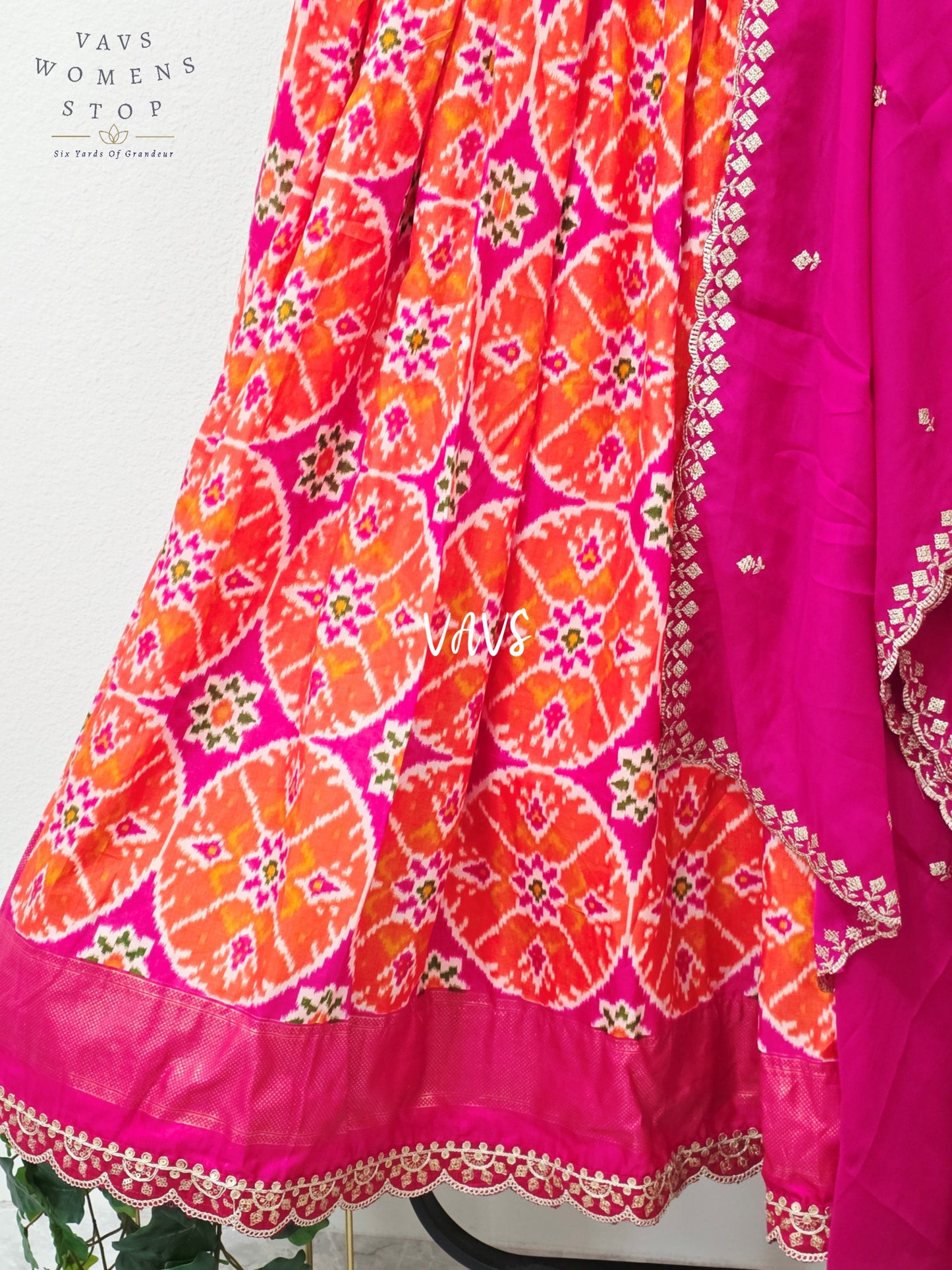 Vibrant Sunset Orange & Rani Pink Munga Benarasi Patola Half Saree Set with Chiffon Dupatta | Blouse 36-42