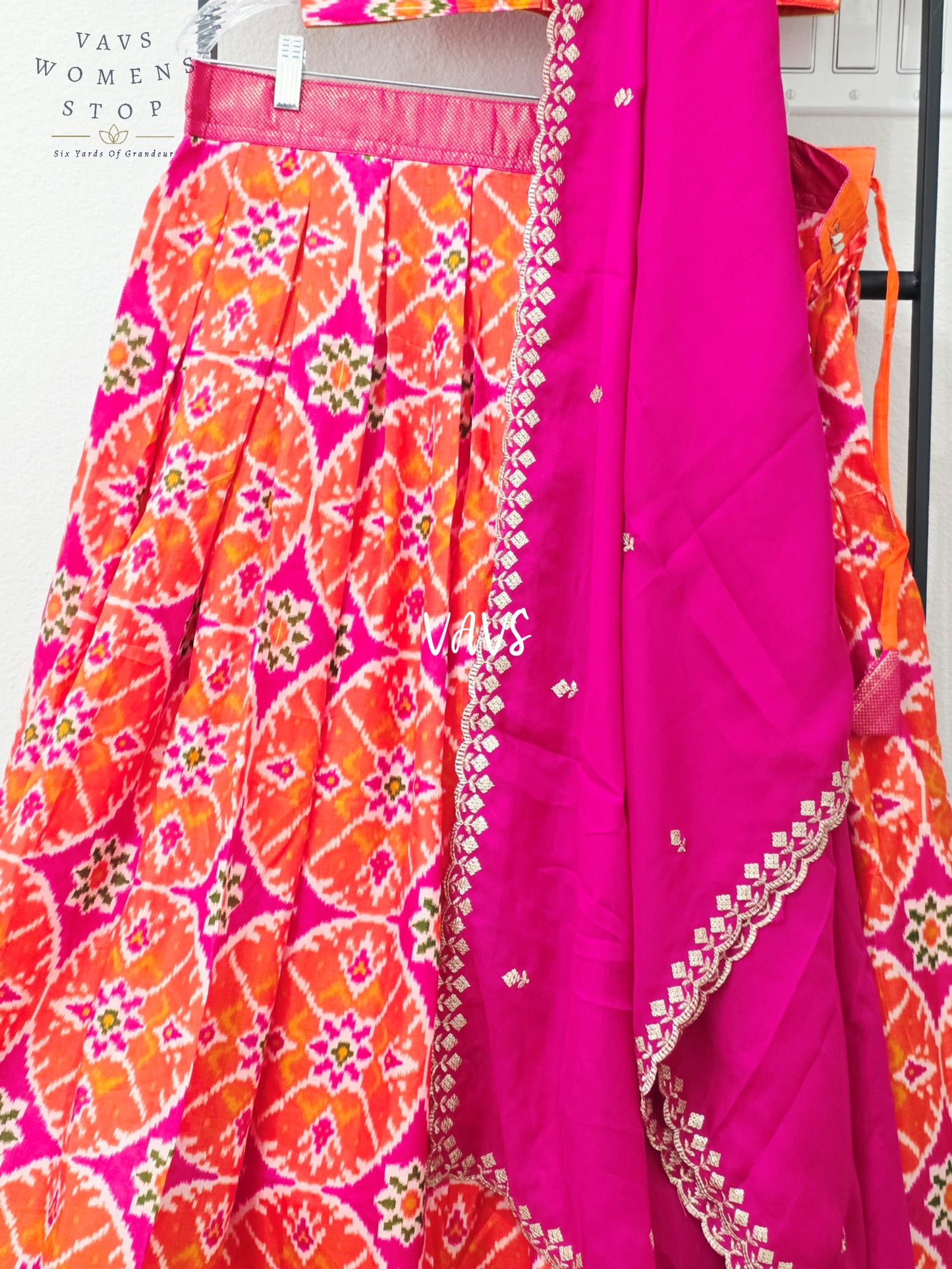 Vibrant Sunset Orange & Rani Pink Munga Benarasi Patola Half Saree Set with Chiffon Dupatta | Blouse 36-42