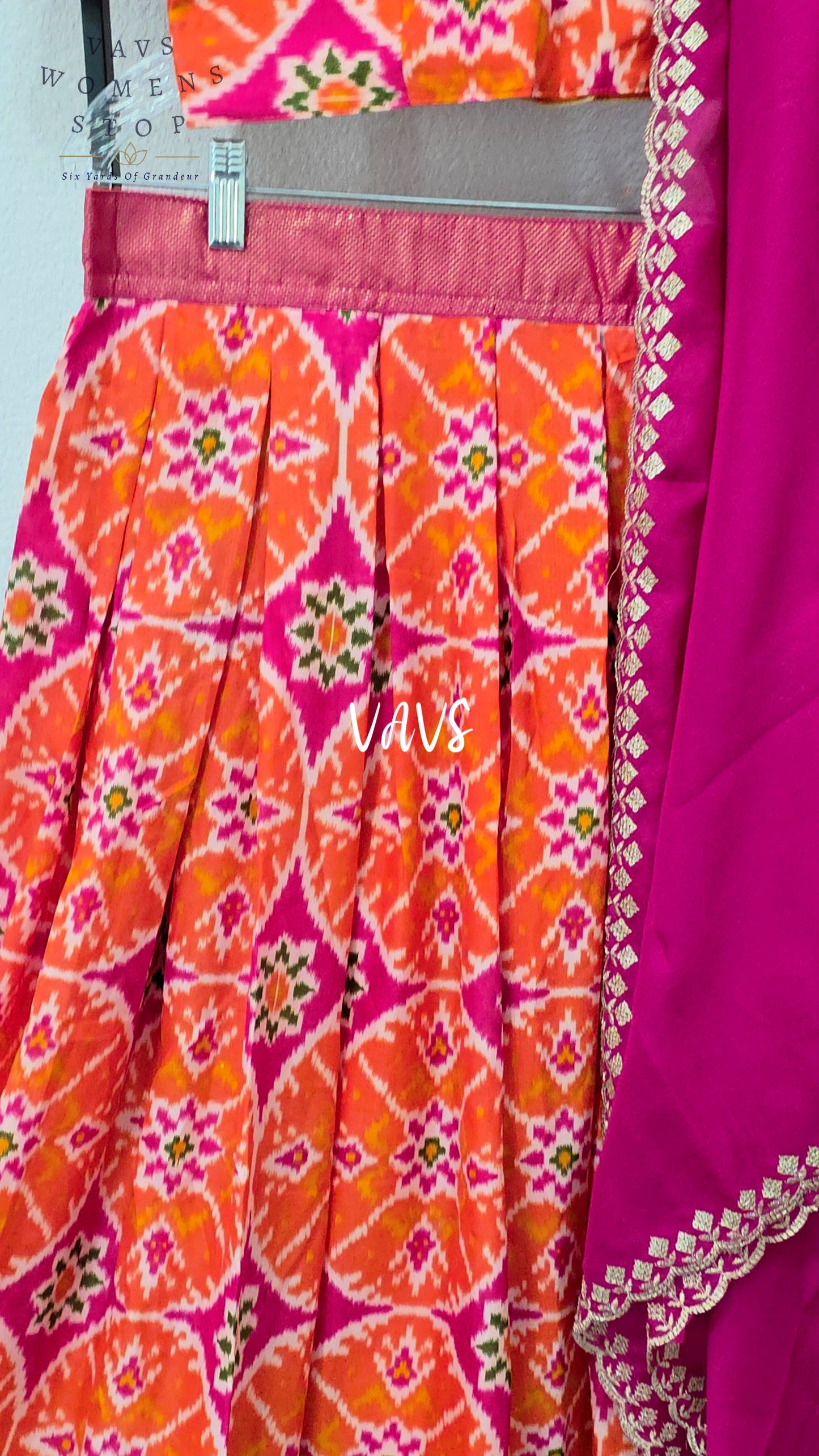 Vibrant Sunset Orange & Rani Pink Munga Benarasi Patola Half Saree Set with Chiffon Dupatta | Blouse 36-42