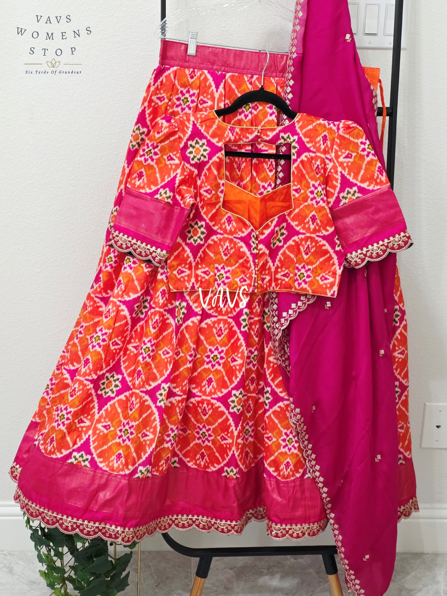 Vibrant Sunset Orange & Rani Pink Munga Benarasi Patola Half Saree Set with Chiffon Dupatta | Blouse 36-42