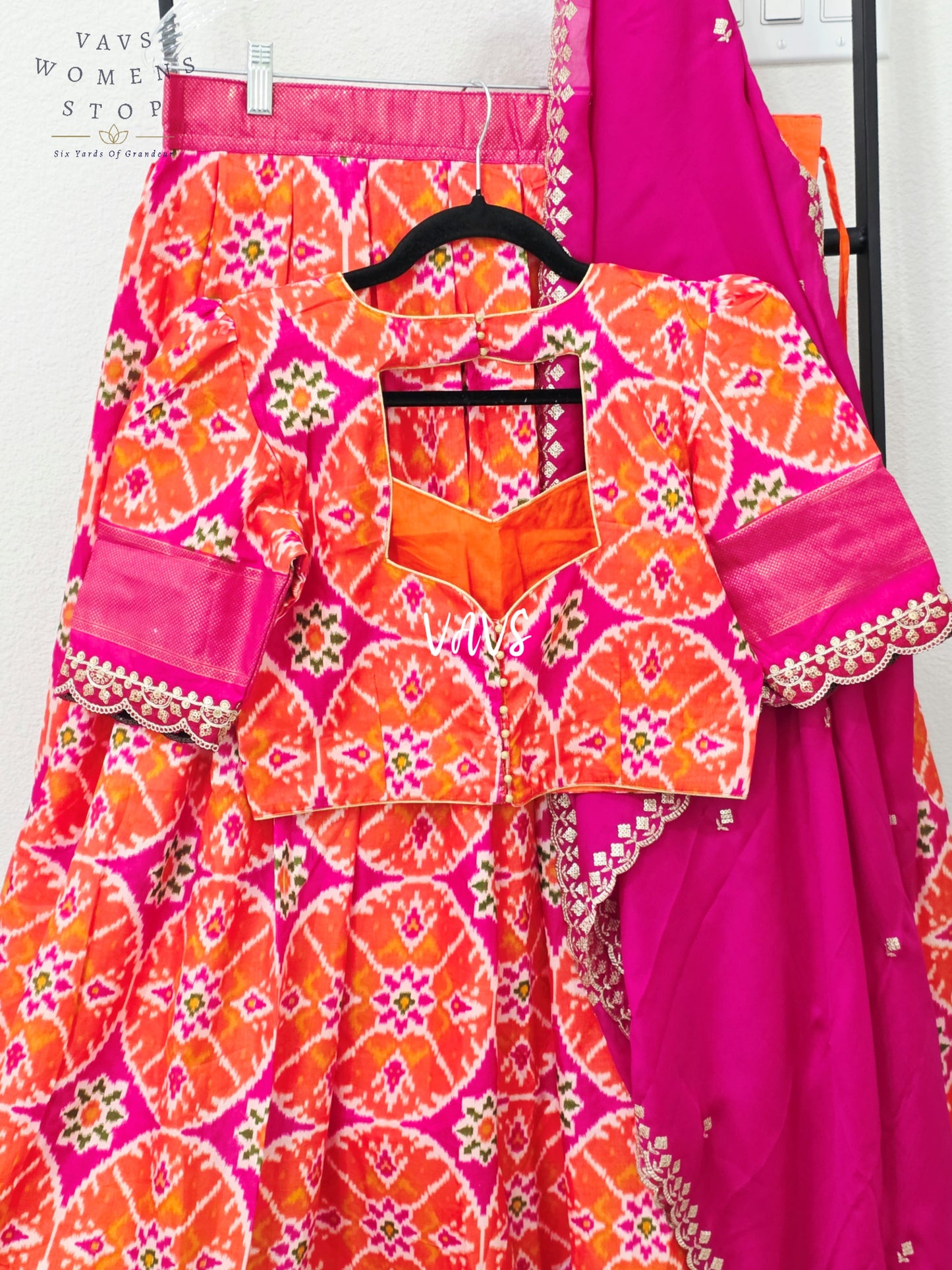Vibrant Sunset Orange & Rani Pink Munga Benarasi Patola Half Saree Set with Chiffon Dupatta | Blouse 36-42