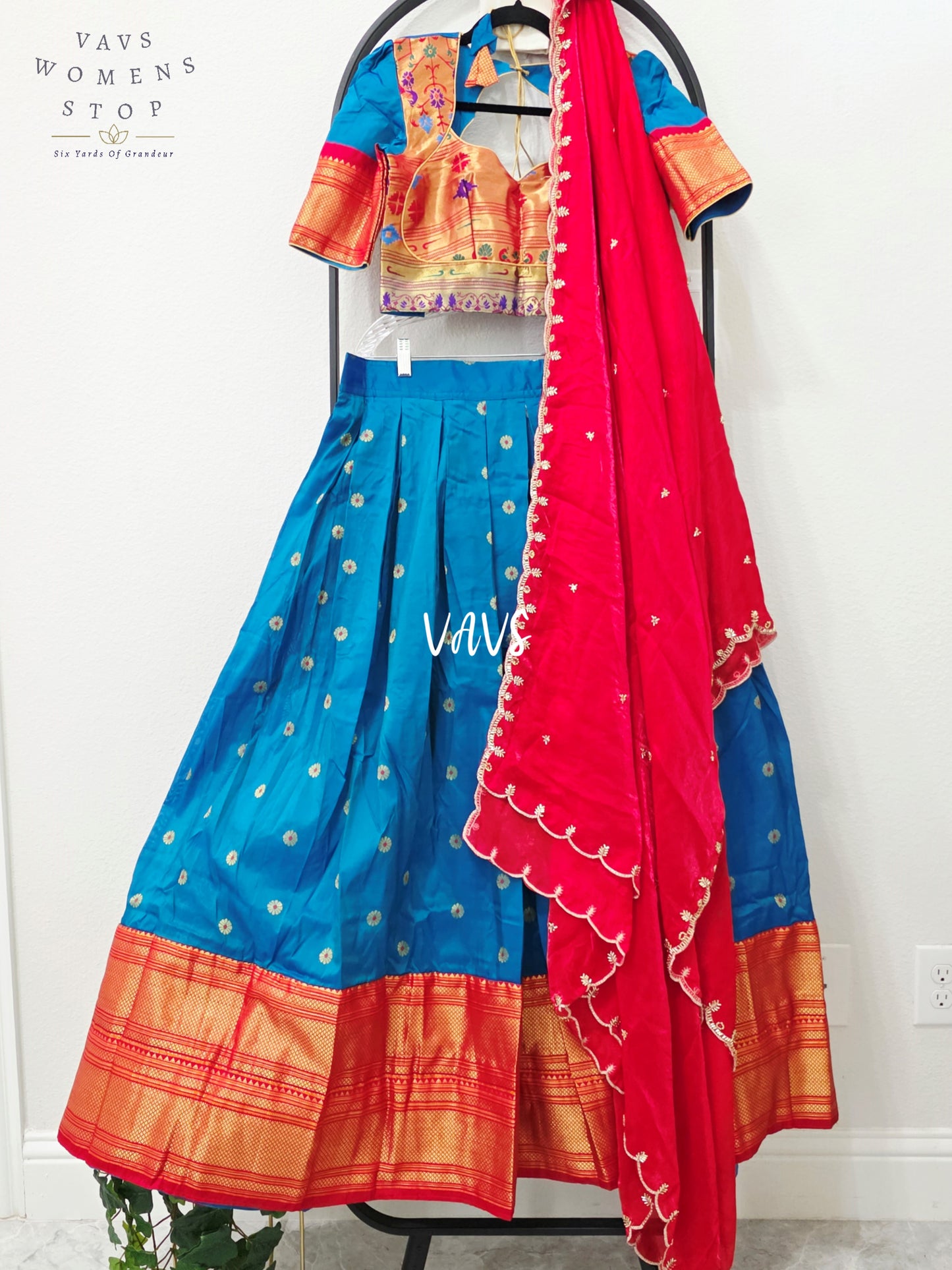 Royal Peacock Blue Semi Narayanpet Gadwal Silk Half Saree Set with Ruby Red Space Silk Dupatta | Blouse 36-42