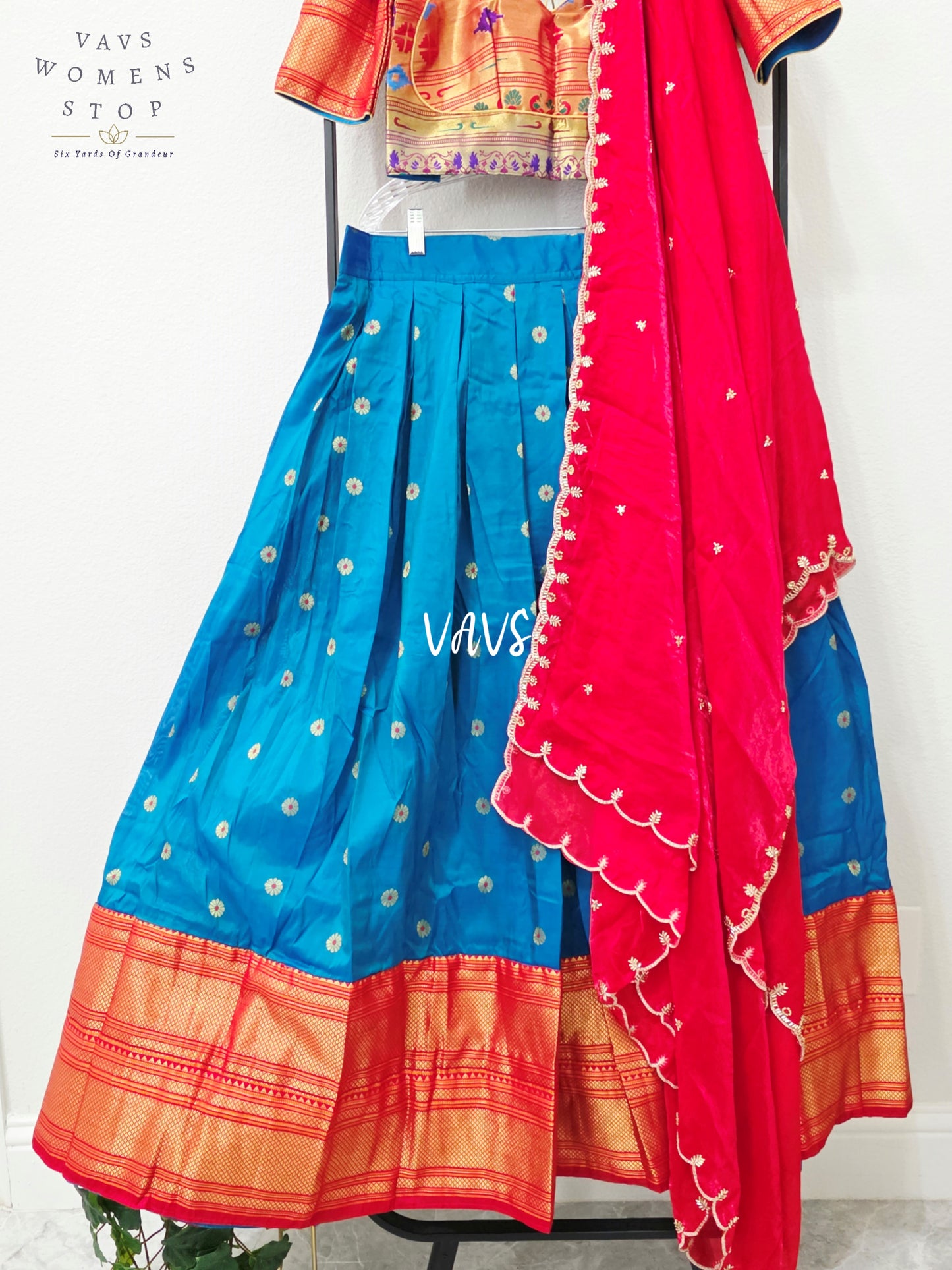 Royal Peacock Blue Semi Narayanpet Gadwal Silk Half Saree Set with Ruby Red Space Silk Dupatta | Blouse 36-42