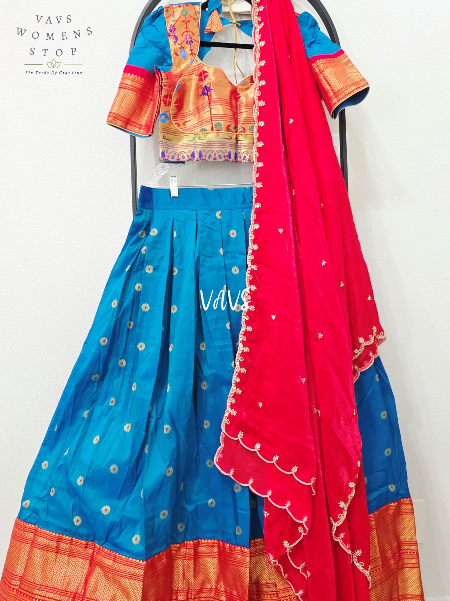 Royal Peacock Blue Semi Narayanpet Gadwal Silk Half Saree Set with Ruby Red Space Silk Dupatta | Blouse 36-42