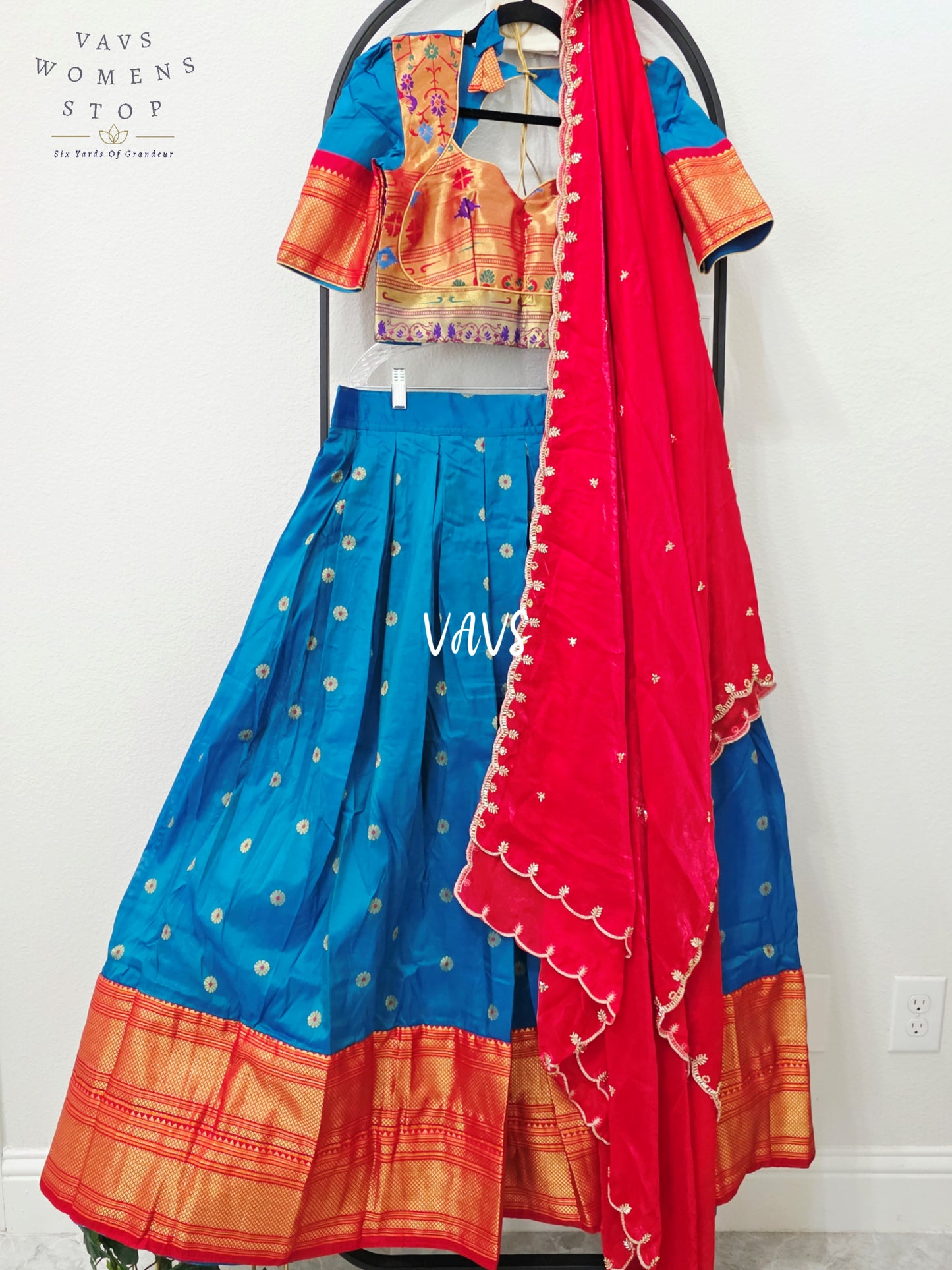 Royal Peacock Blue Semi Narayanpet Gadwal Silk Half Saree Set with Ruby Red Space Silk Dupatta | Blouse 36-42
