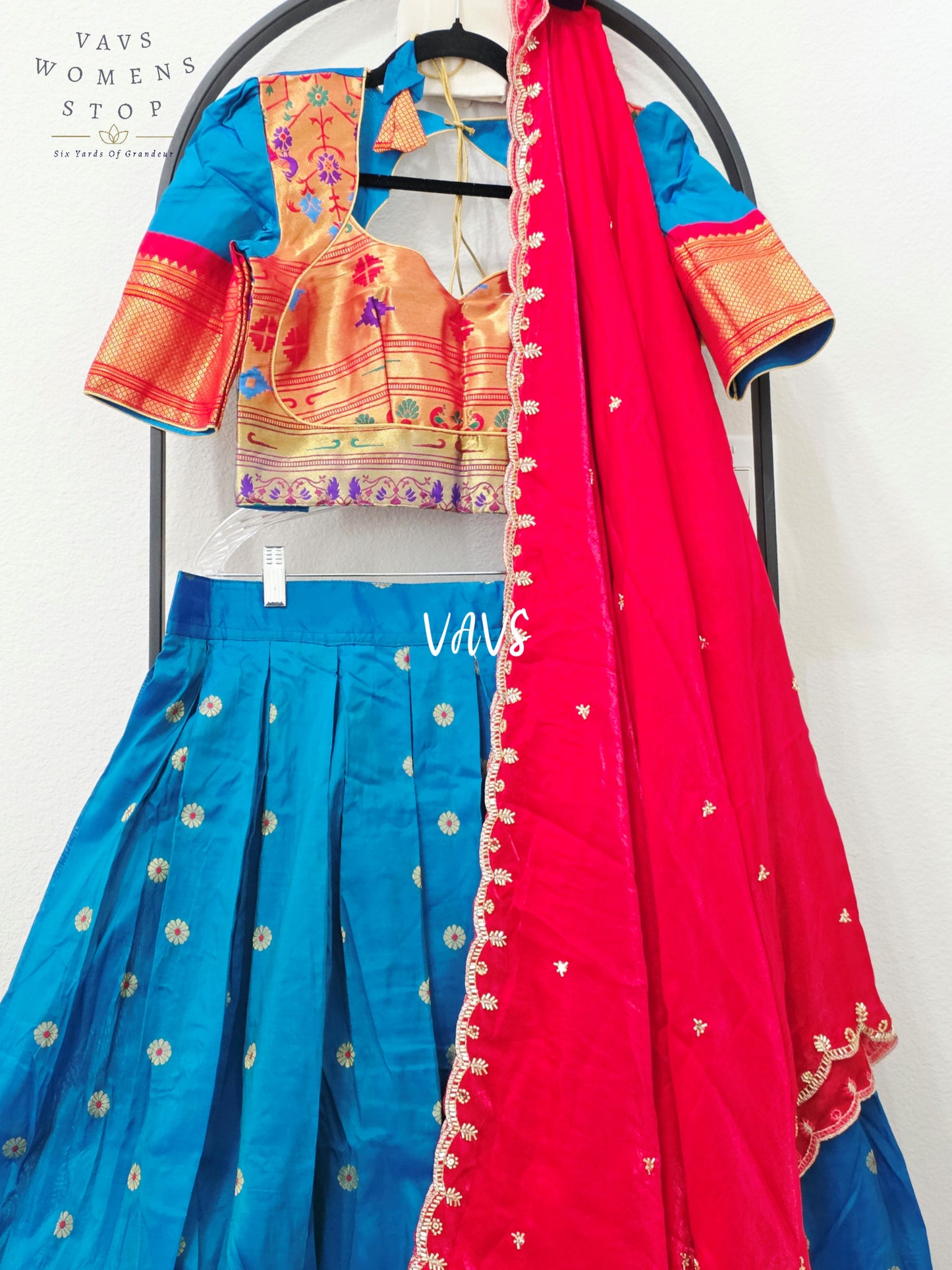Royal Peacock Blue Semi Narayanpet Gadwal Silk Half Saree Set with Ruby Red Space Silk Dupatta | Blouse 36-42
