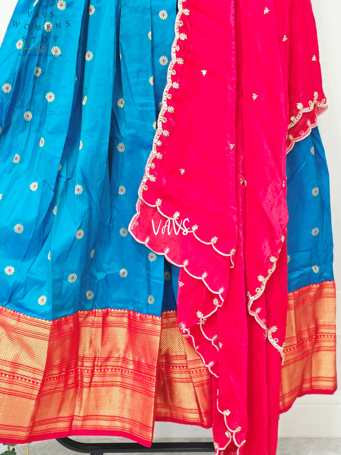 Royal Peacock Blue Semi Narayanpet Gadwal Silk Half Saree Set with Ruby Red Space Silk Dupatta | Blouse 36-42