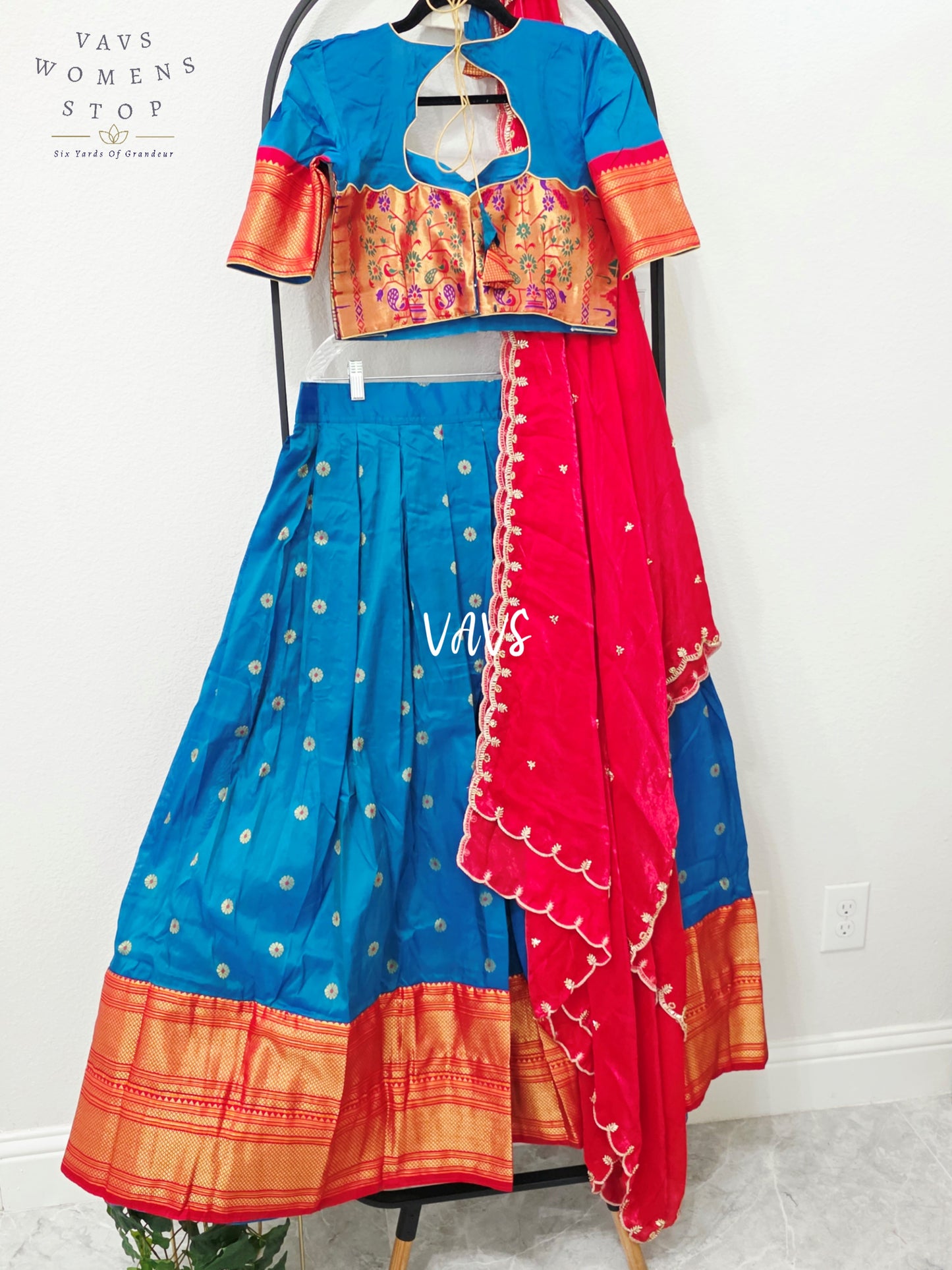 Royal Peacock Blue Semi Narayanpet Gadwal Silk Half Saree Set with Ruby Red Space Silk Dupatta | Blouse 36-42