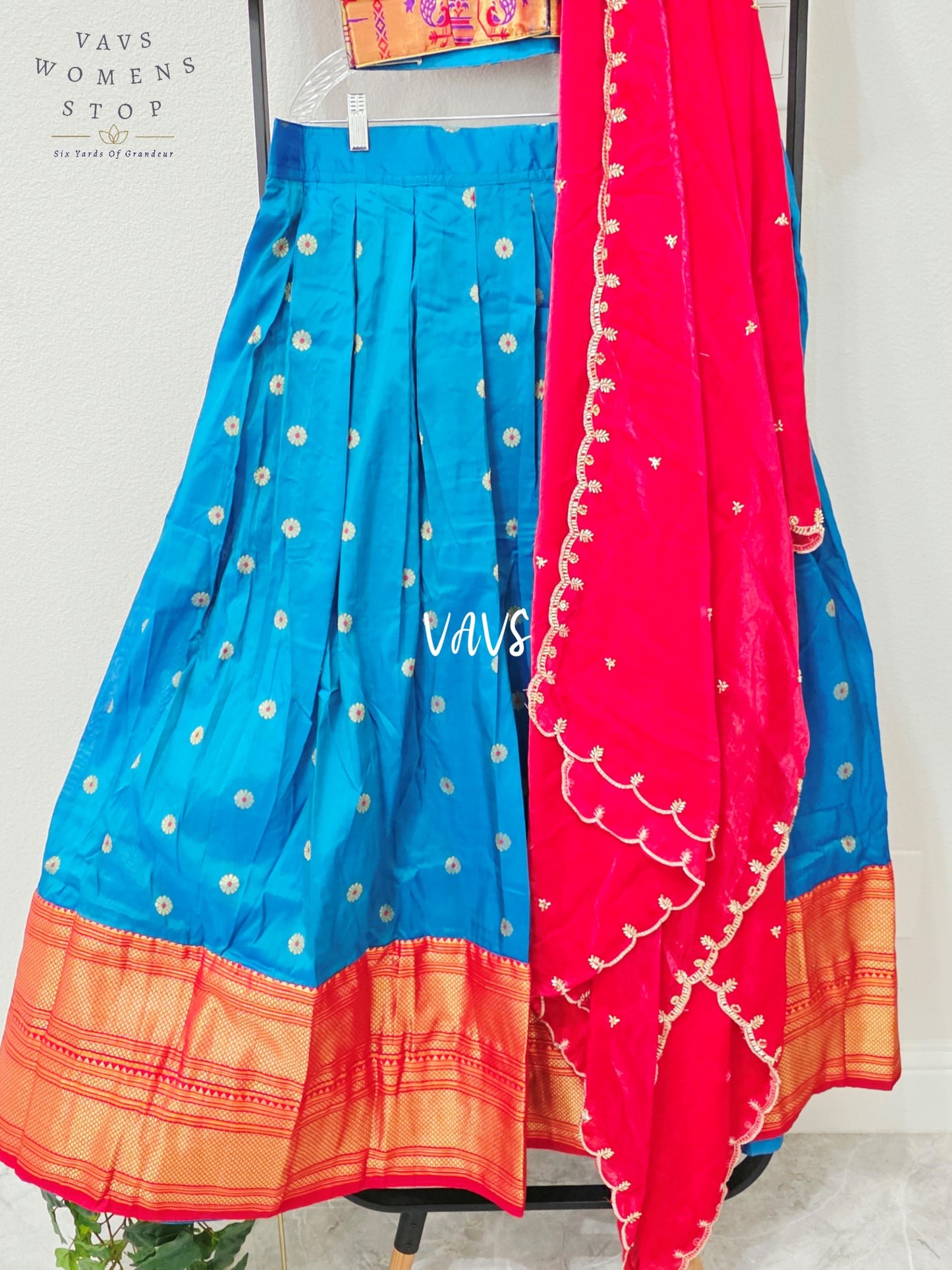 Royal Peacock Blue Semi Narayanpet Gadwal Silk Half Saree Set with Ruby Red Space Silk Dupatta | Blouse 36-42
