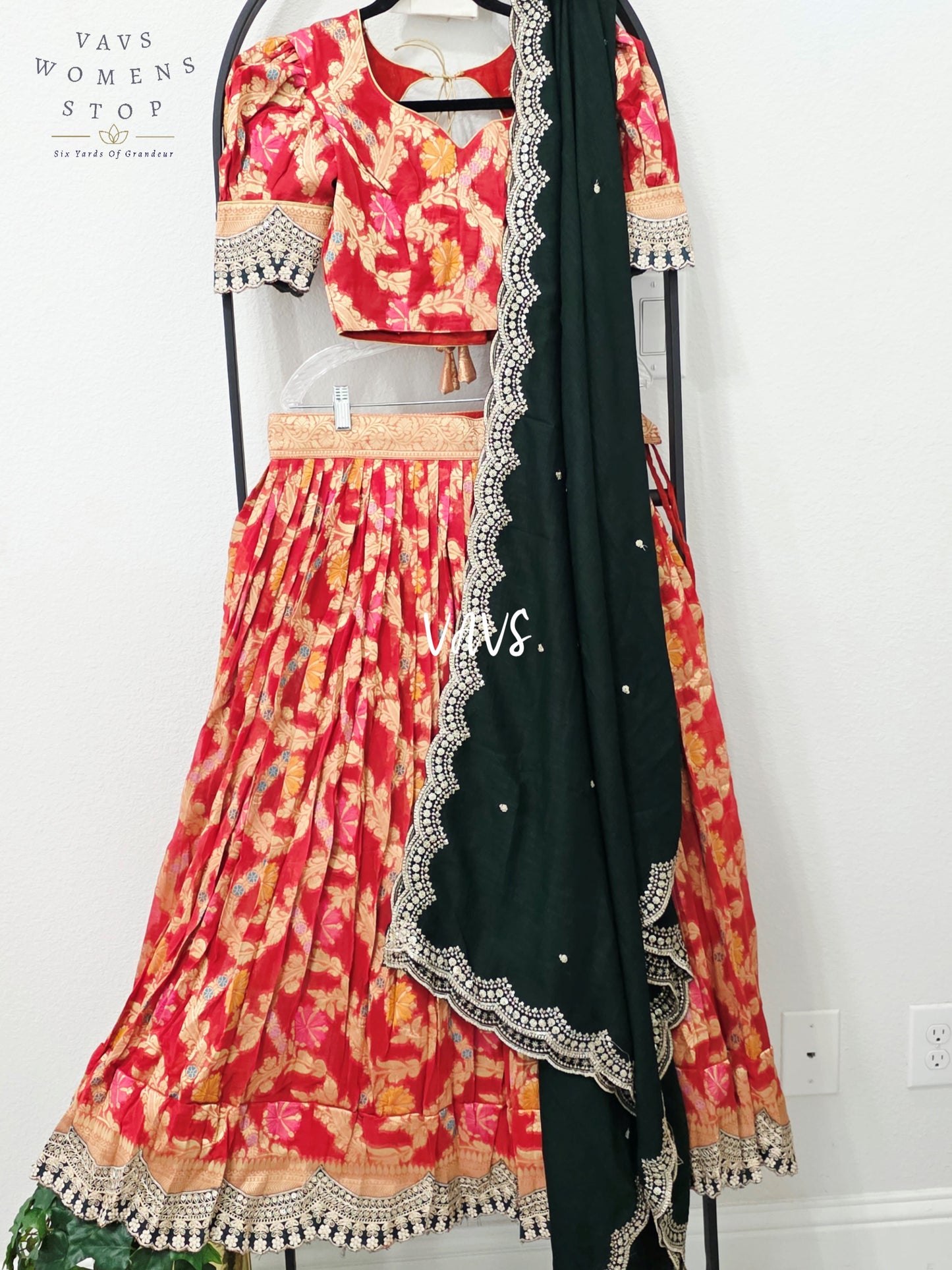 Royal Vermilion Red & Midnight Emerald Soft Viscose Meenakari Georgette Designer Lehenga Half Saree with Chiffon Silk Dupatta & Blouse 32-38