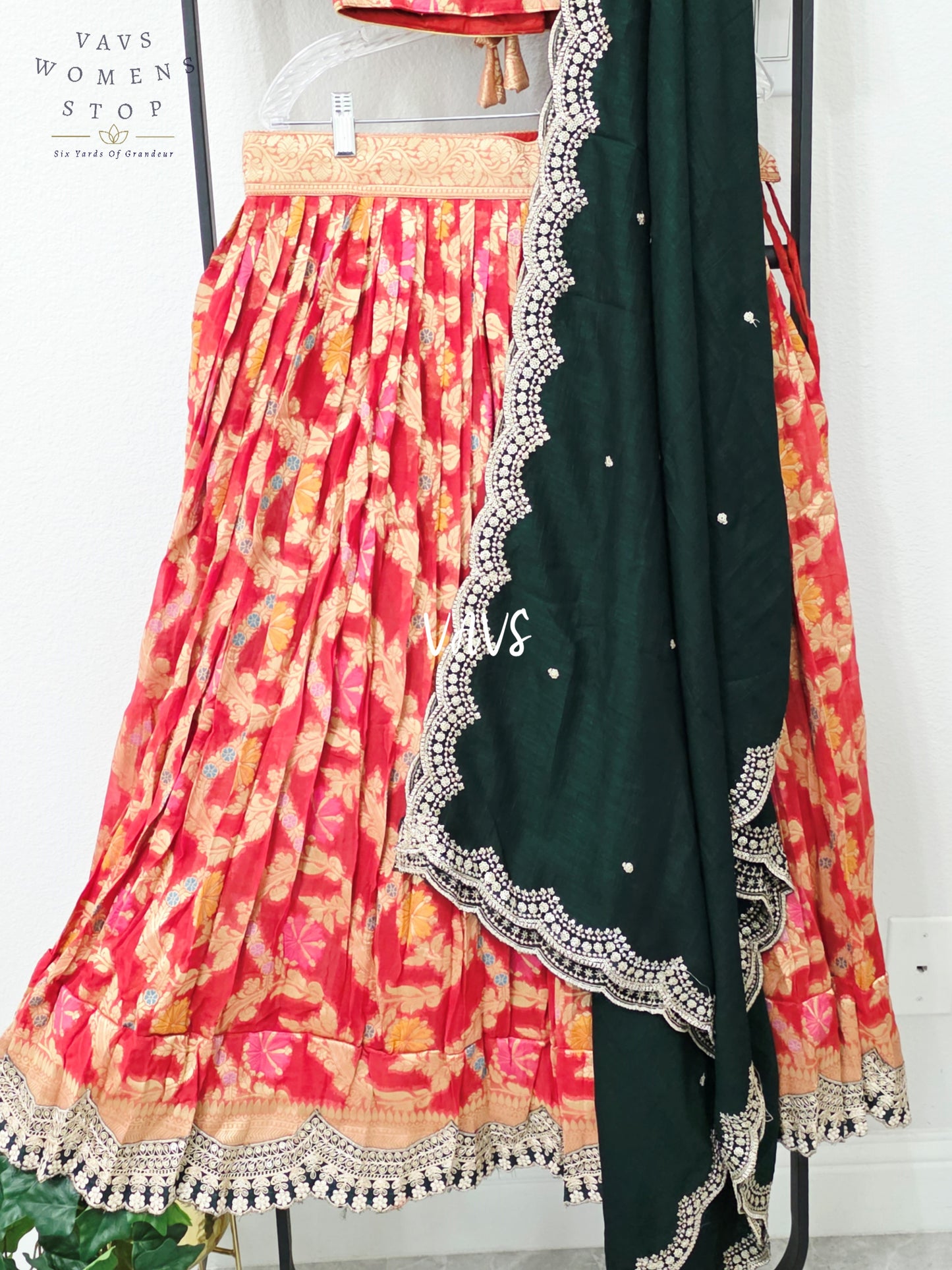 Royal Vermilion Red & Midnight Emerald Soft Viscose Meenakari Georgette Designer Lehenga Half Saree with Chiffon Silk Dupatta & Blouse 32-38