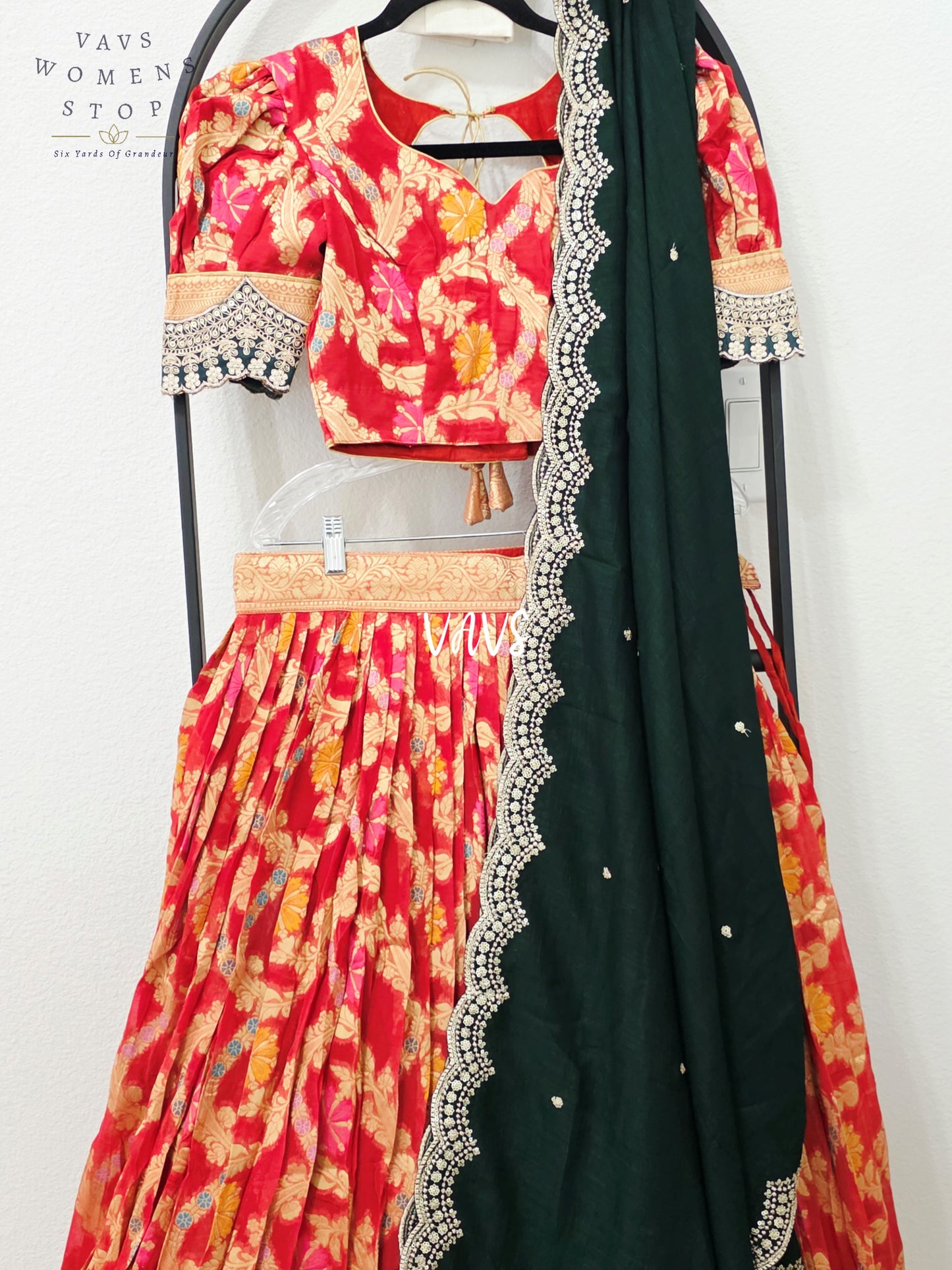 Royal Vermilion Red & Midnight Emerald Soft Viscose Meenakari Georgette Designer Lehenga Half Saree with Chiffon Silk Dupatta & Blouse 32-38